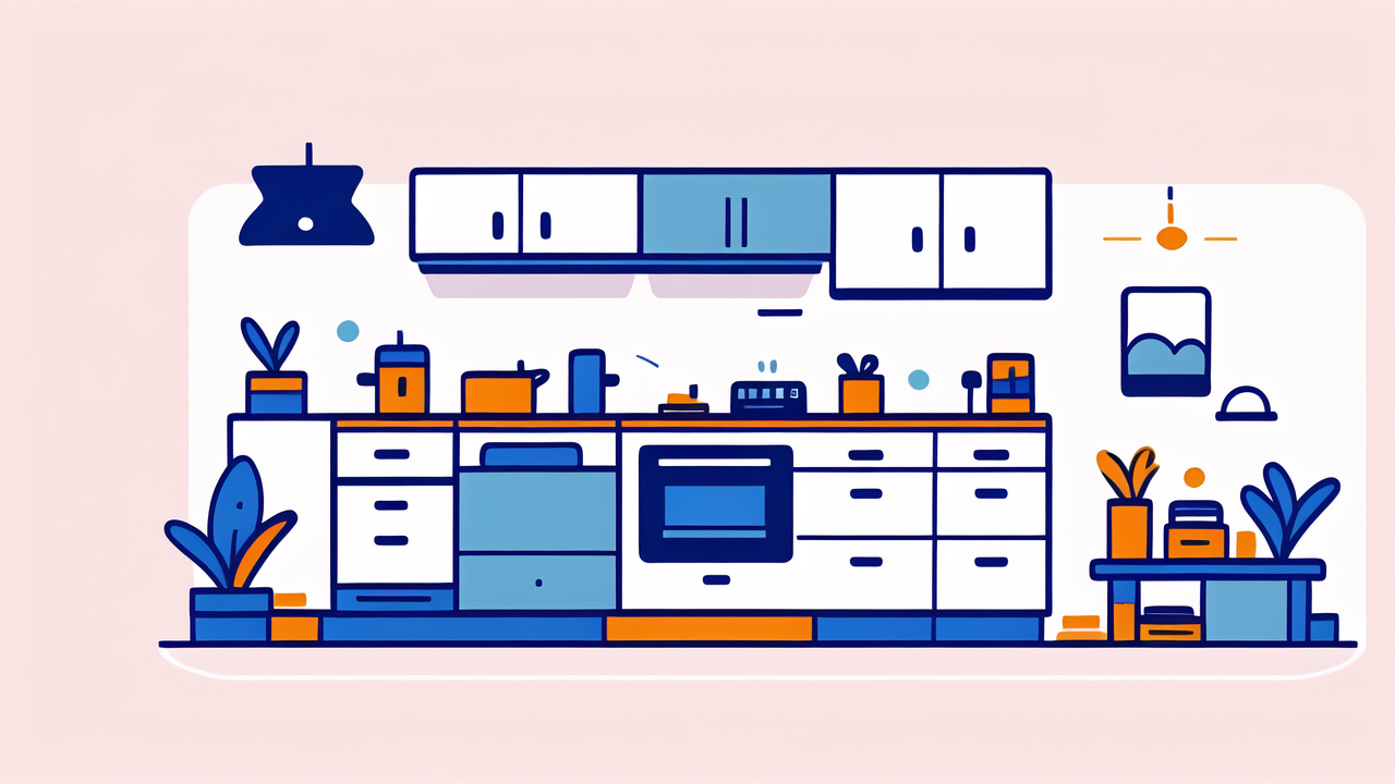 Modern kitchen with 2400w Power Station, blue accents, plants, and well-organized space