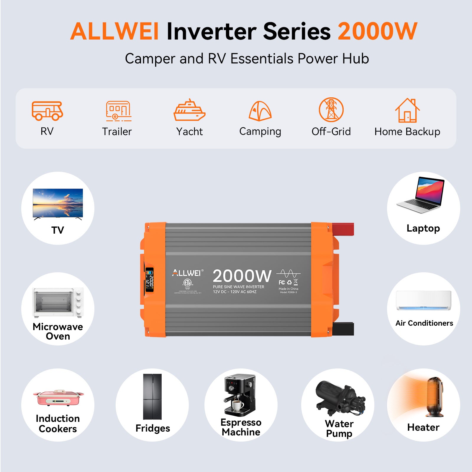 ALLWEI 2000 Watt Pure Sine Wave Inverter - 12V DC to 120V AC Power Converter