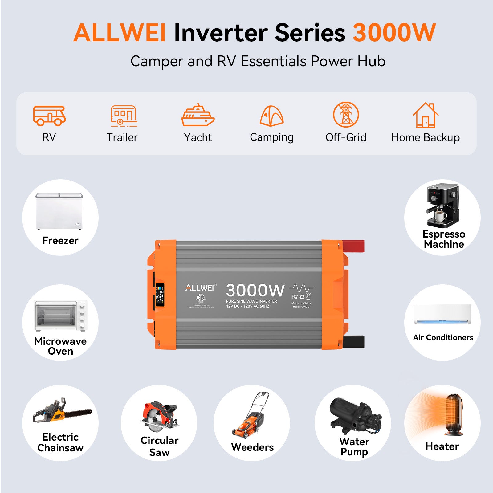 ALLWEI 3000 Watt Pure Sine Wave Inverter - 12V DC to 120V AC Converter