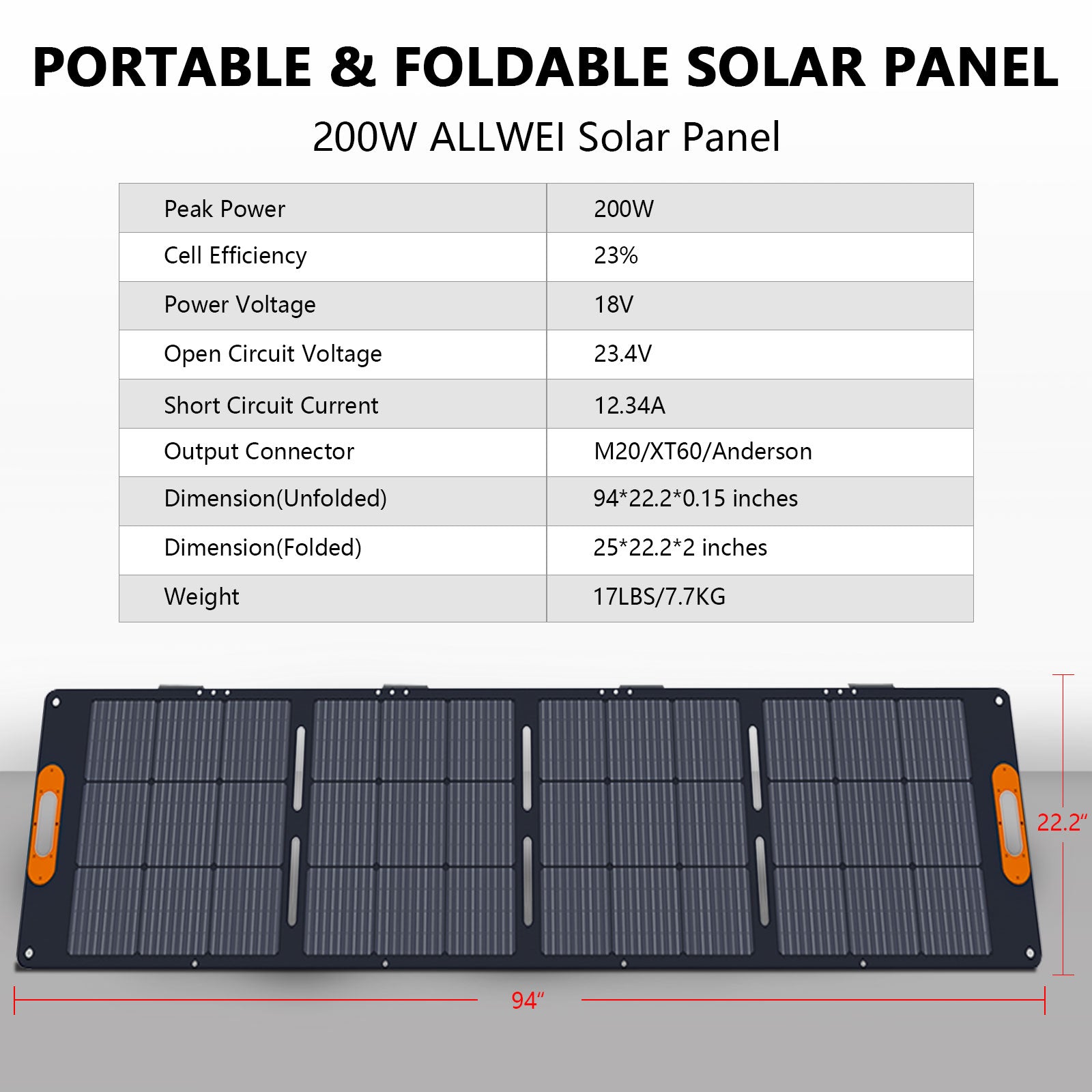 200W foldable solar panel for outdoor camping with 23% cell efficiency and 12.34A short circuit current