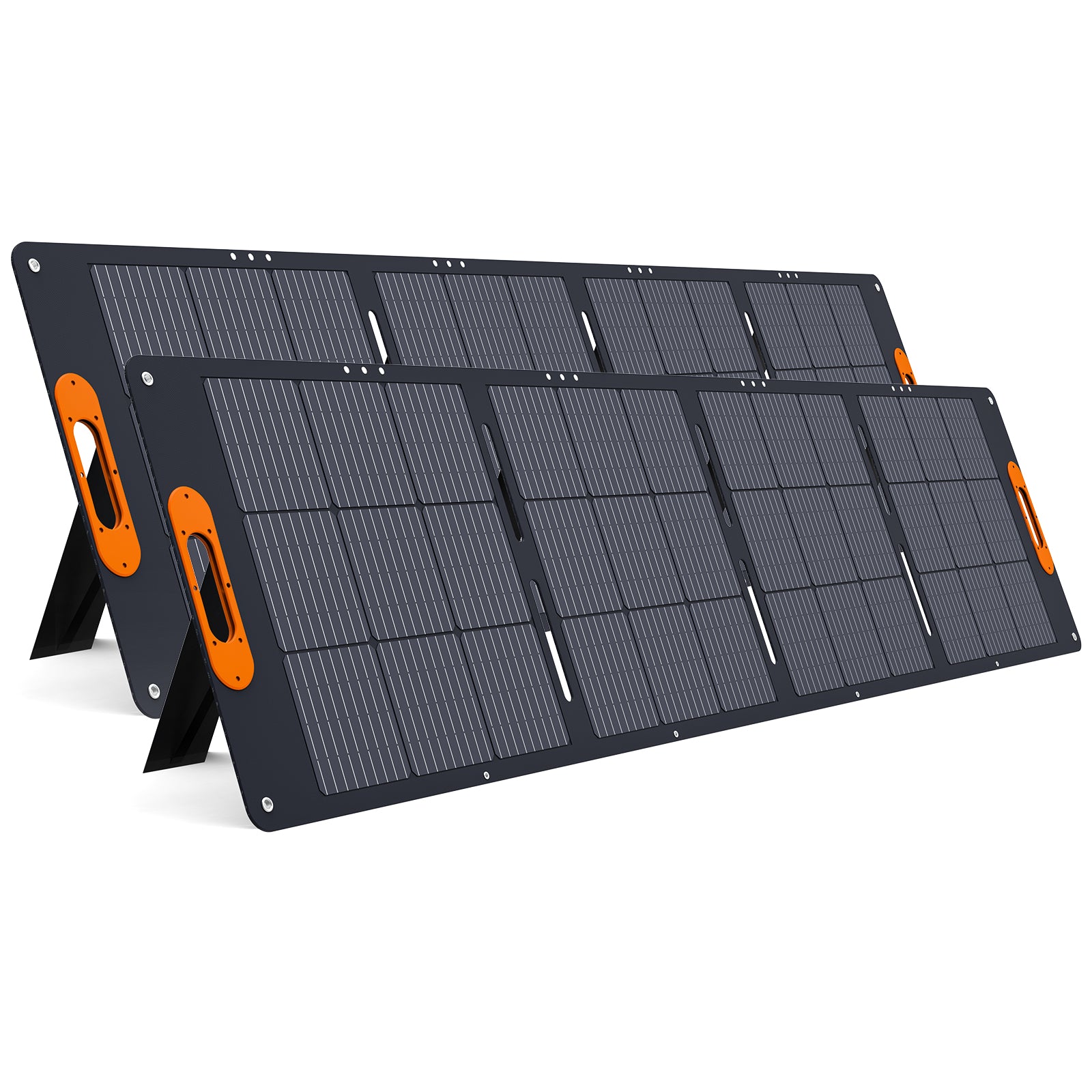Two 200W solar panels XY-200 with M20, XT60, Anderson connectors, foldable design, magnetic buckle, TPE handle, and 4 kickstands, compatible with PPS2400, ideal for fast charging and portable energy solutions