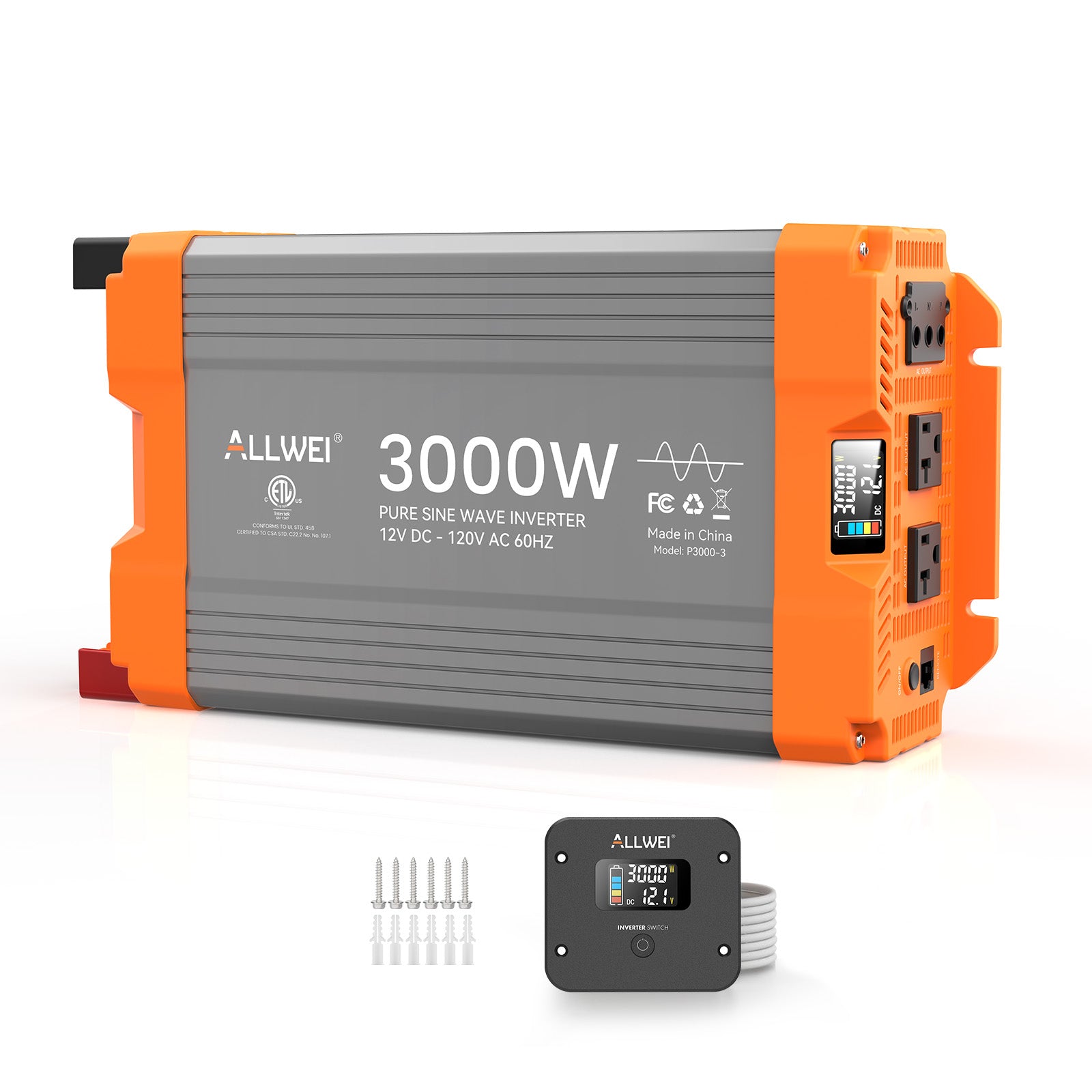 ALLWEI 3000 Watt Pure Sine Wave Inverter - 12V DC to 120V AC Converter