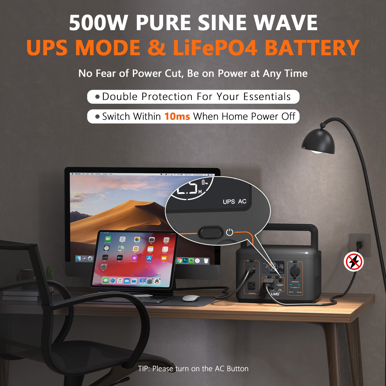 ALLWEI PPS600-1 Portable Power Station 500W 512Wh with 100W Solar Panel