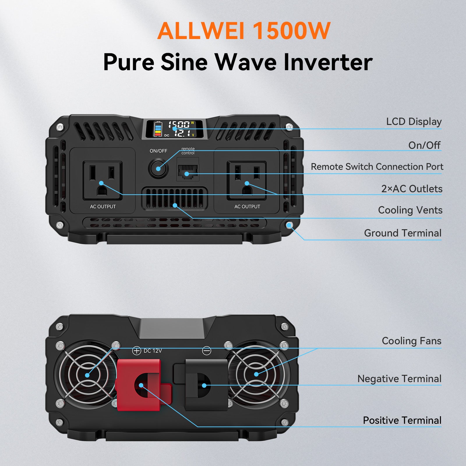 ALLWEI 1500W Pure Sine Wave Inverter 12V to 120V AC