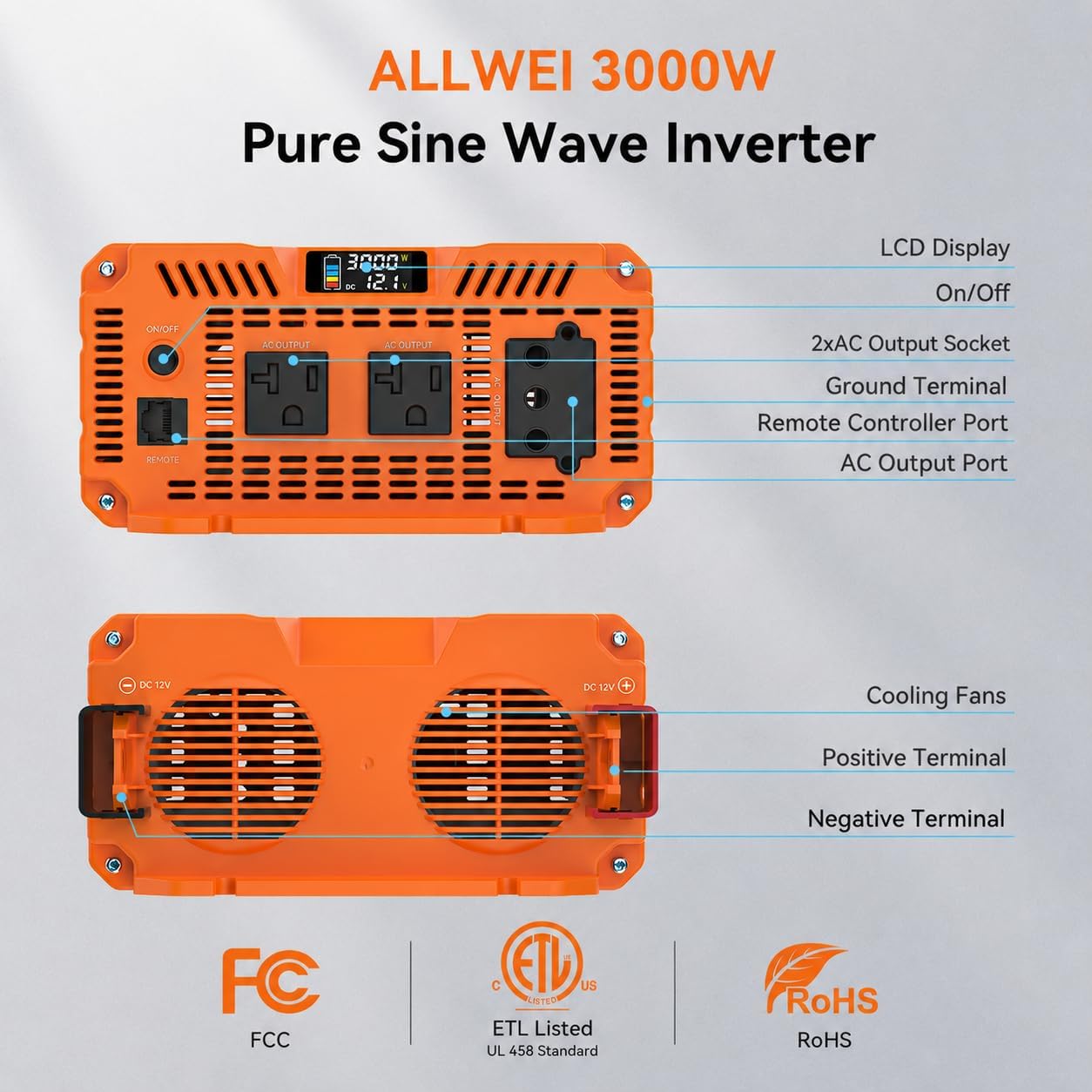 ALLWEI 3000 Watt Pure Sine Wave Inverter - 12V DC to 120V AC Converter