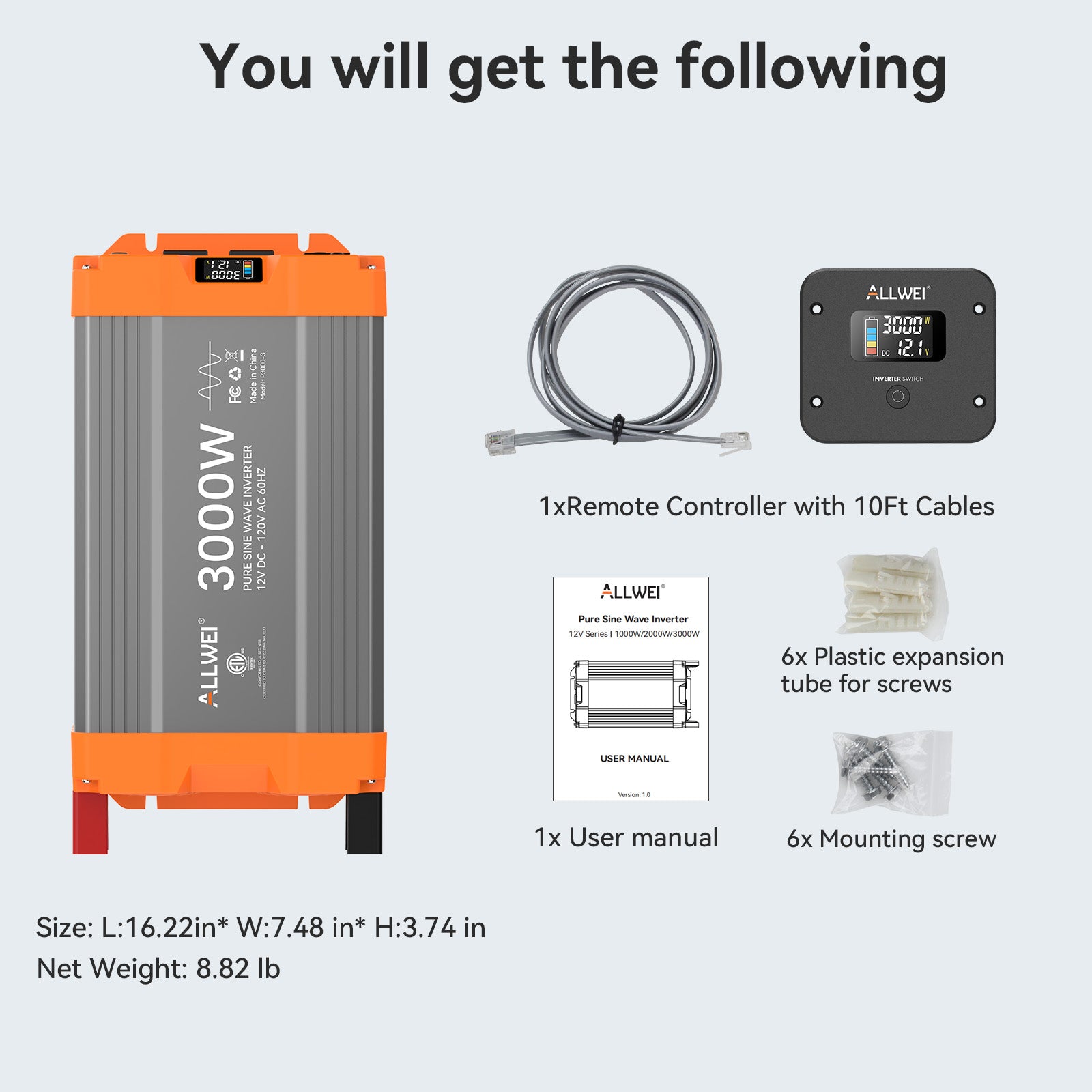 ALLWEI 3000 Watt Pure Sine Wave Inverter - 12V DC to 120V AC Converter