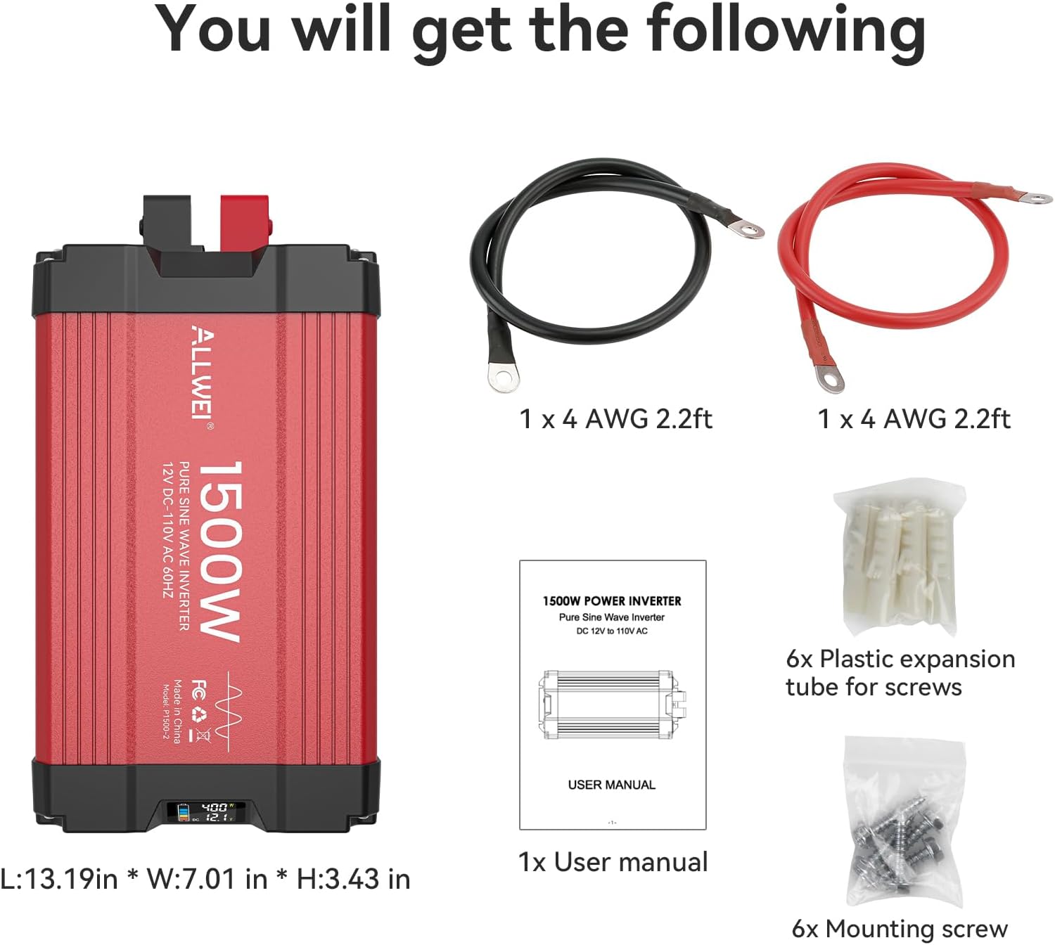 ALLWEI 1500W Pure Sine Wave Inverter 12V to 110V AC
