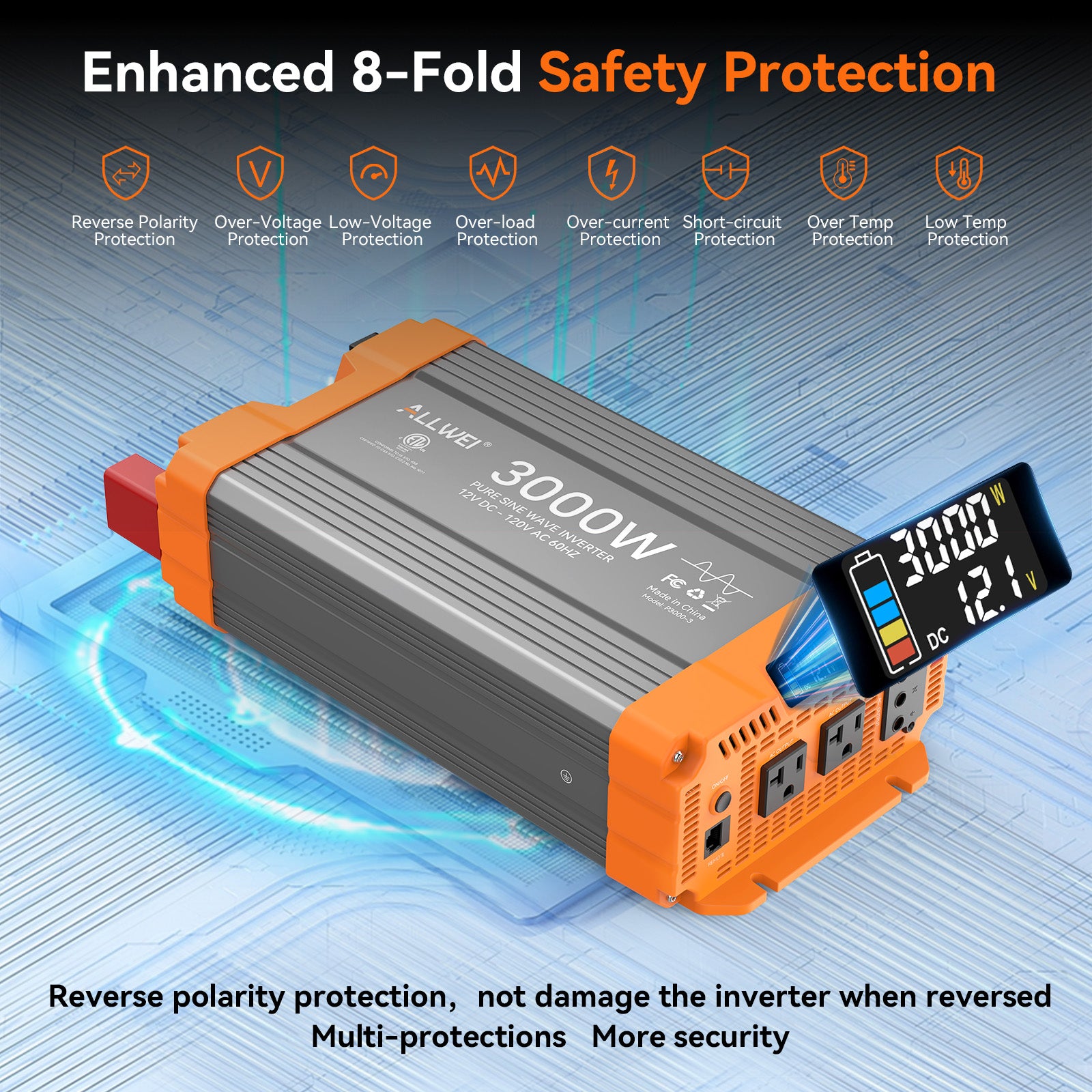 ALLWEI 3000 Watt Pure Sine Wave Inverter - 12V DC to 120V AC Converter