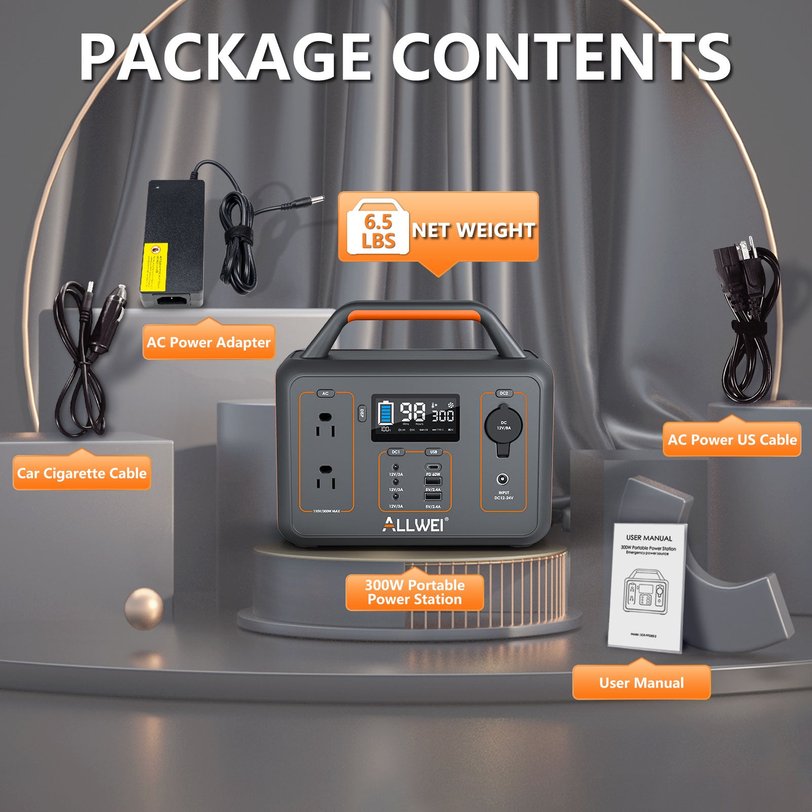PPS300 portable power station box includes AC power adapter, car charging cable, and user manual