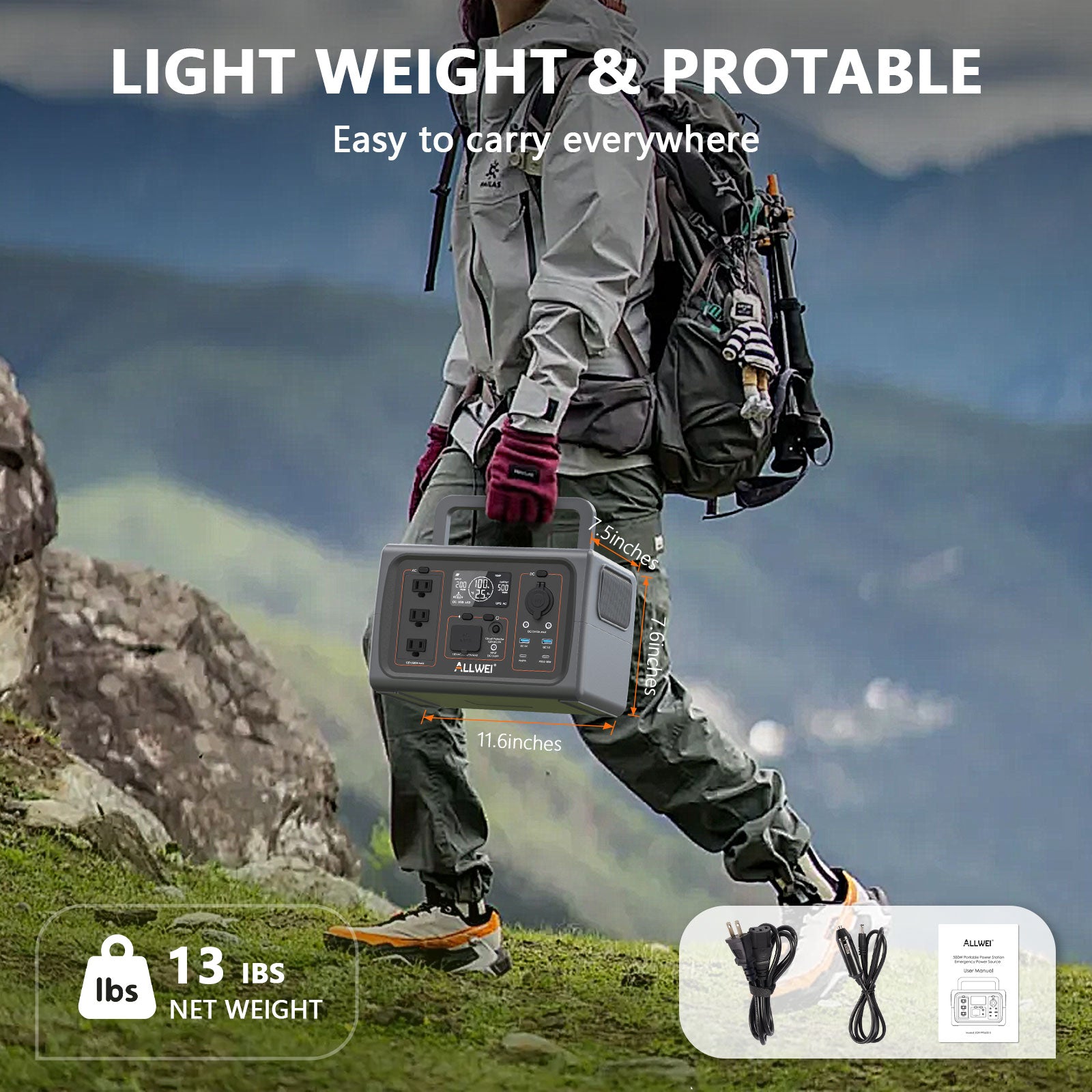 Portable PPS600 power station weighing 13 lbs with compact dimensions of 7.5 x 11.6 inches