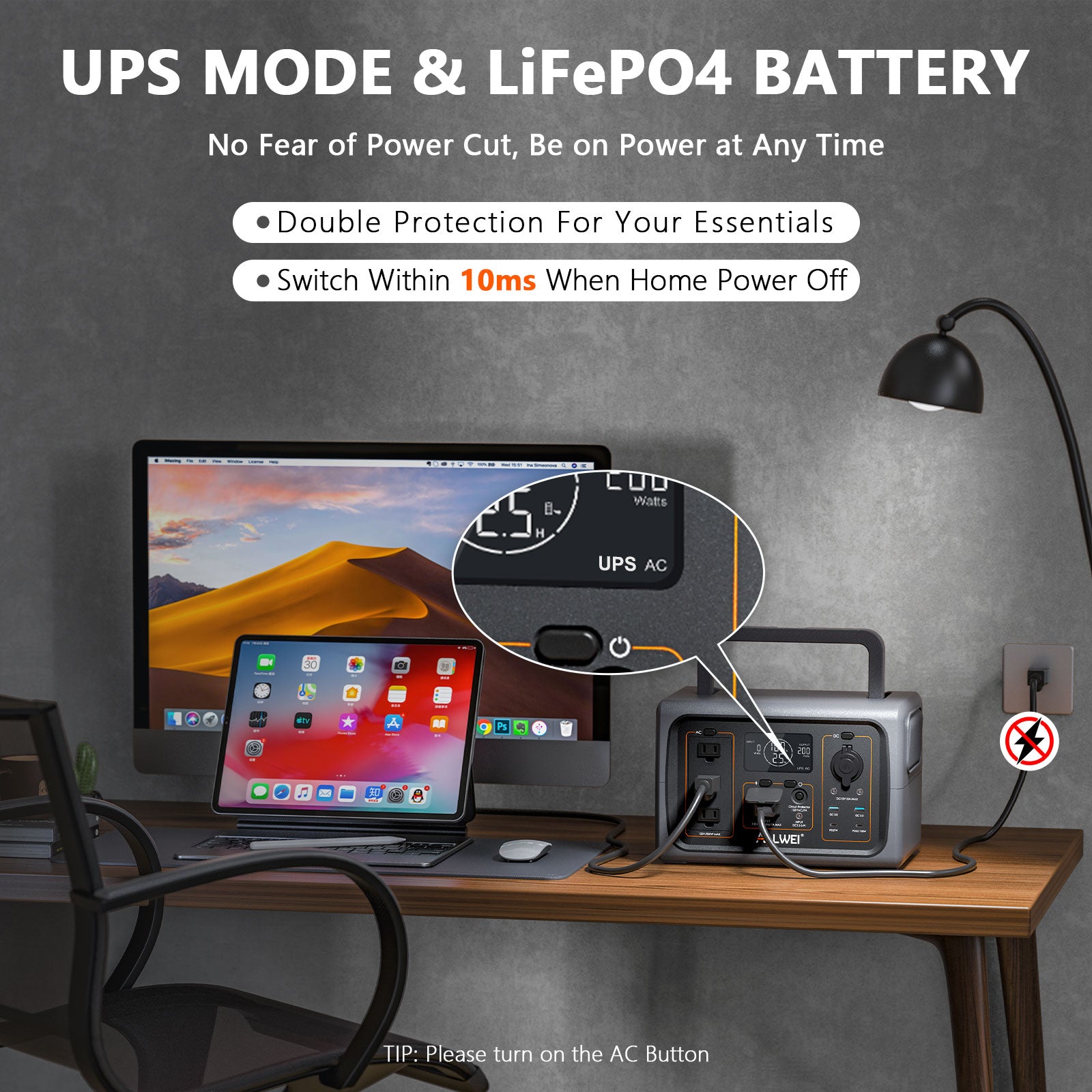 PPS600 with UPS mode and LiFePO4 battery for uninterrupted power and 10ms switching during outages