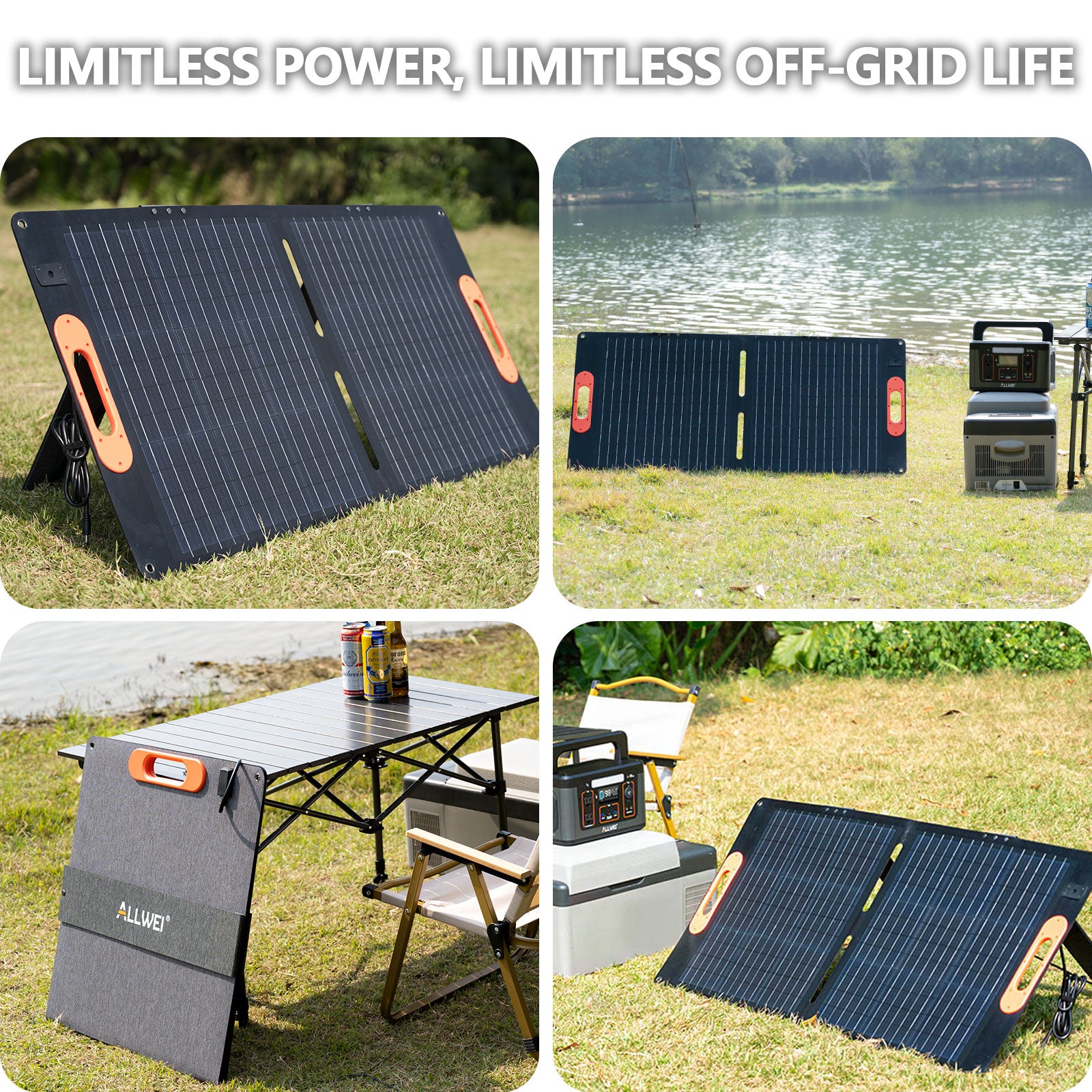 ALLWEI 100W foldable solar panel in outdoor settings for limitless off-grid power and camping use