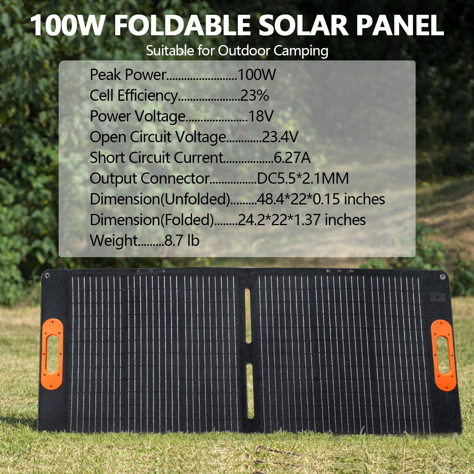 100W foldable solar panel for outdoor camping with 23% cell efficiency and 6.27A short circuit current