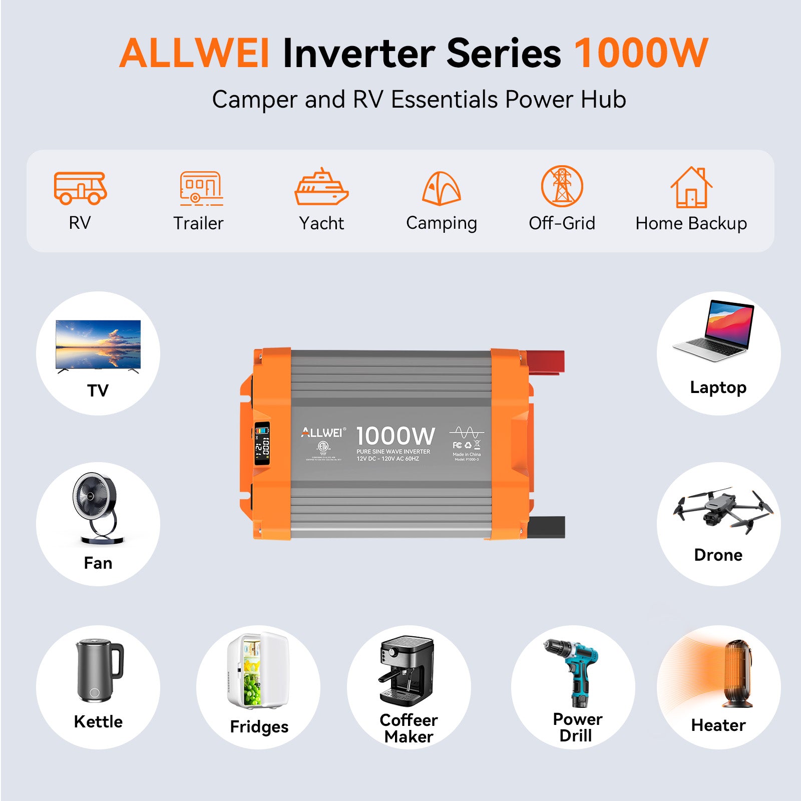 ALLWEI 1000 Watt Pure Sine Wave Inverter 12V to 120V AC