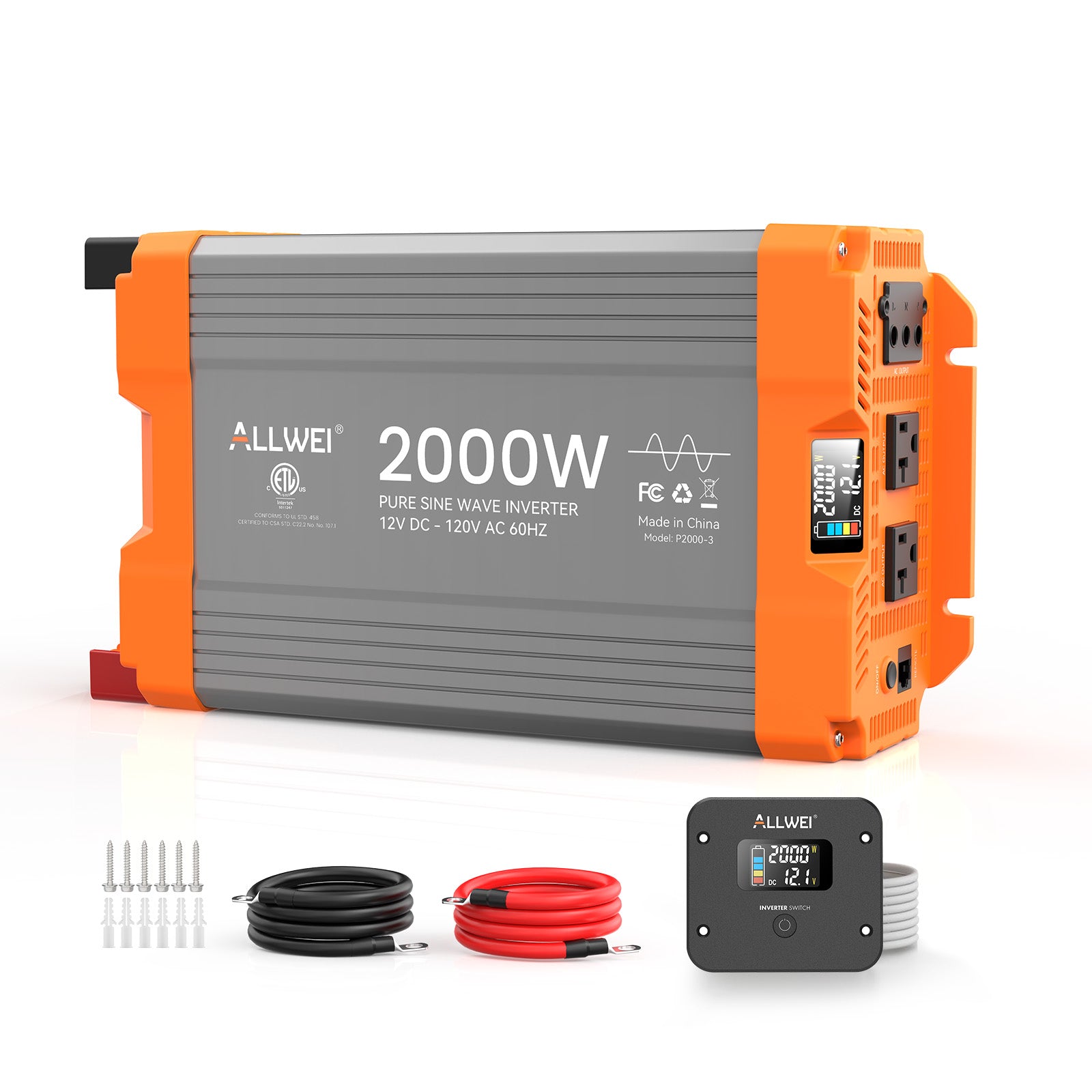 ALLWEI 2000 Watt Pure Sine Wave Inverter - 12V DC to 120V AC Power Converter
