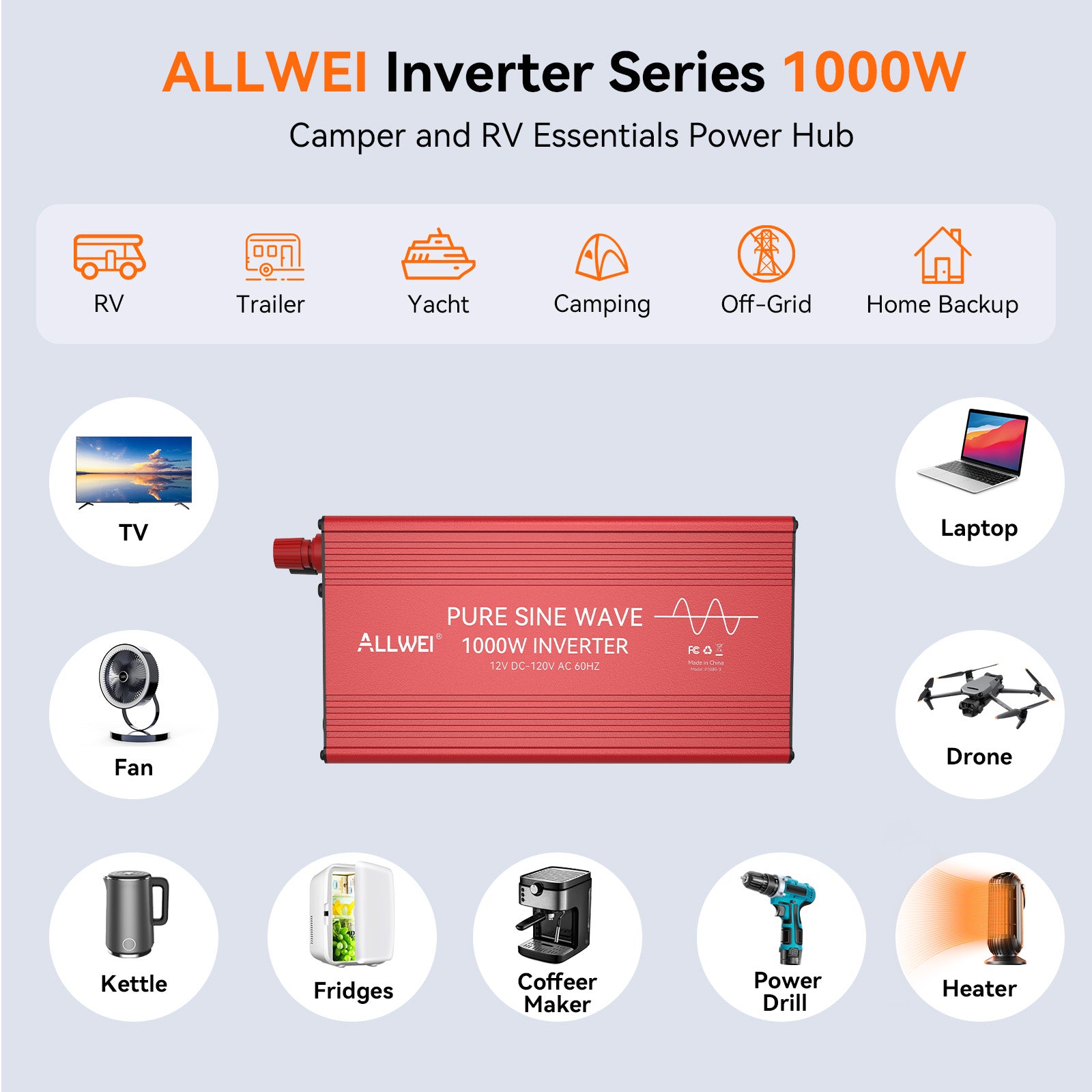 ALLWEI 1000W Pure Sine Wave Inverter 12V to 120V AC