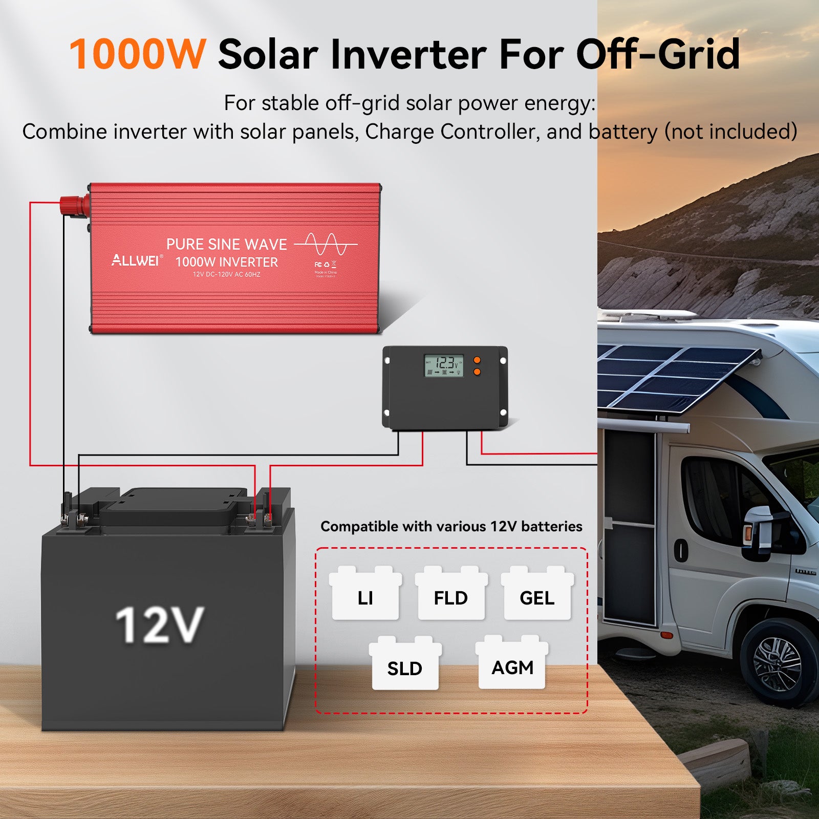 ALLWEI 1000W Pure Sine Wave Inverter 12V to 120V AC