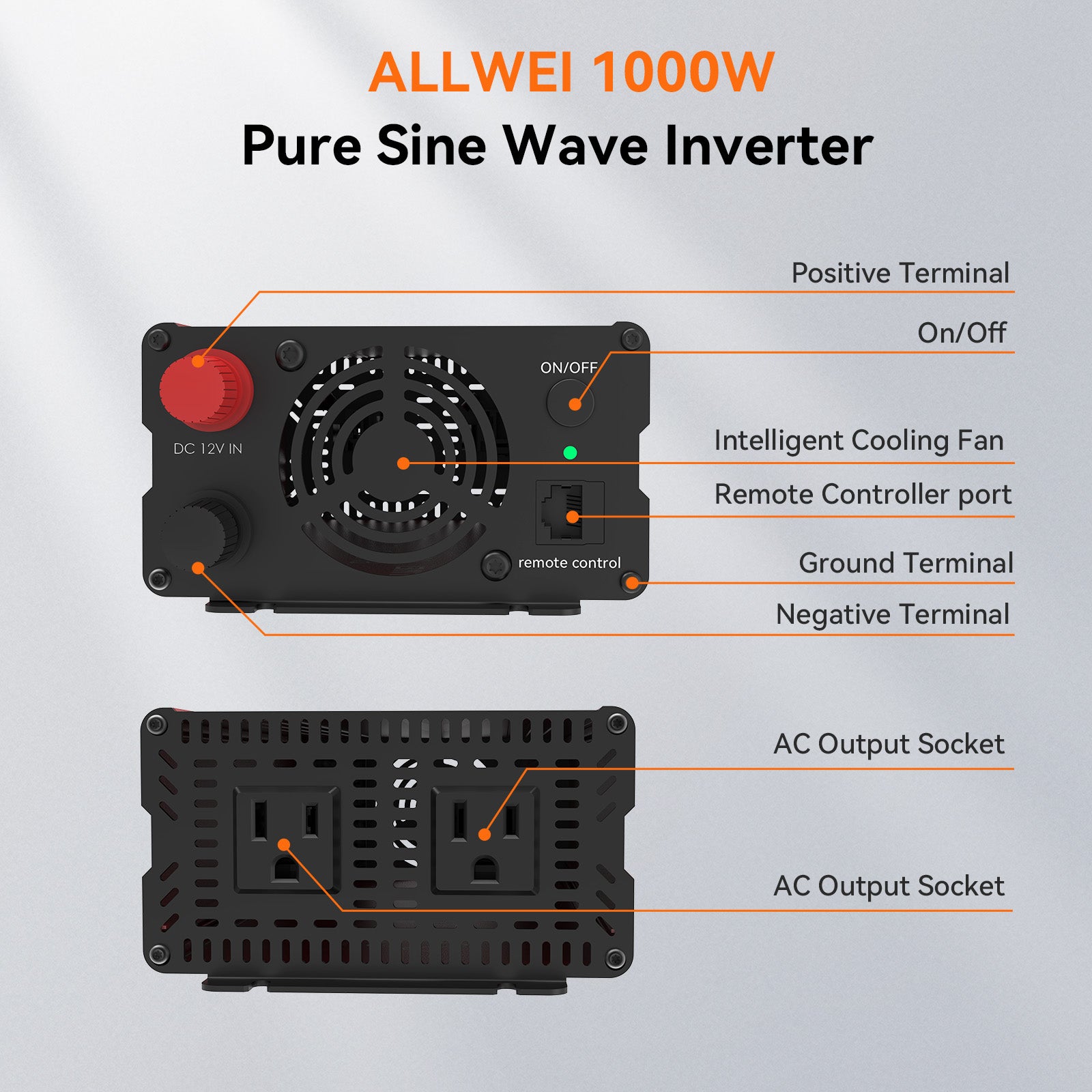ALLWEI 1000W Pure Sine Wave Inverter 12V to 120V AC