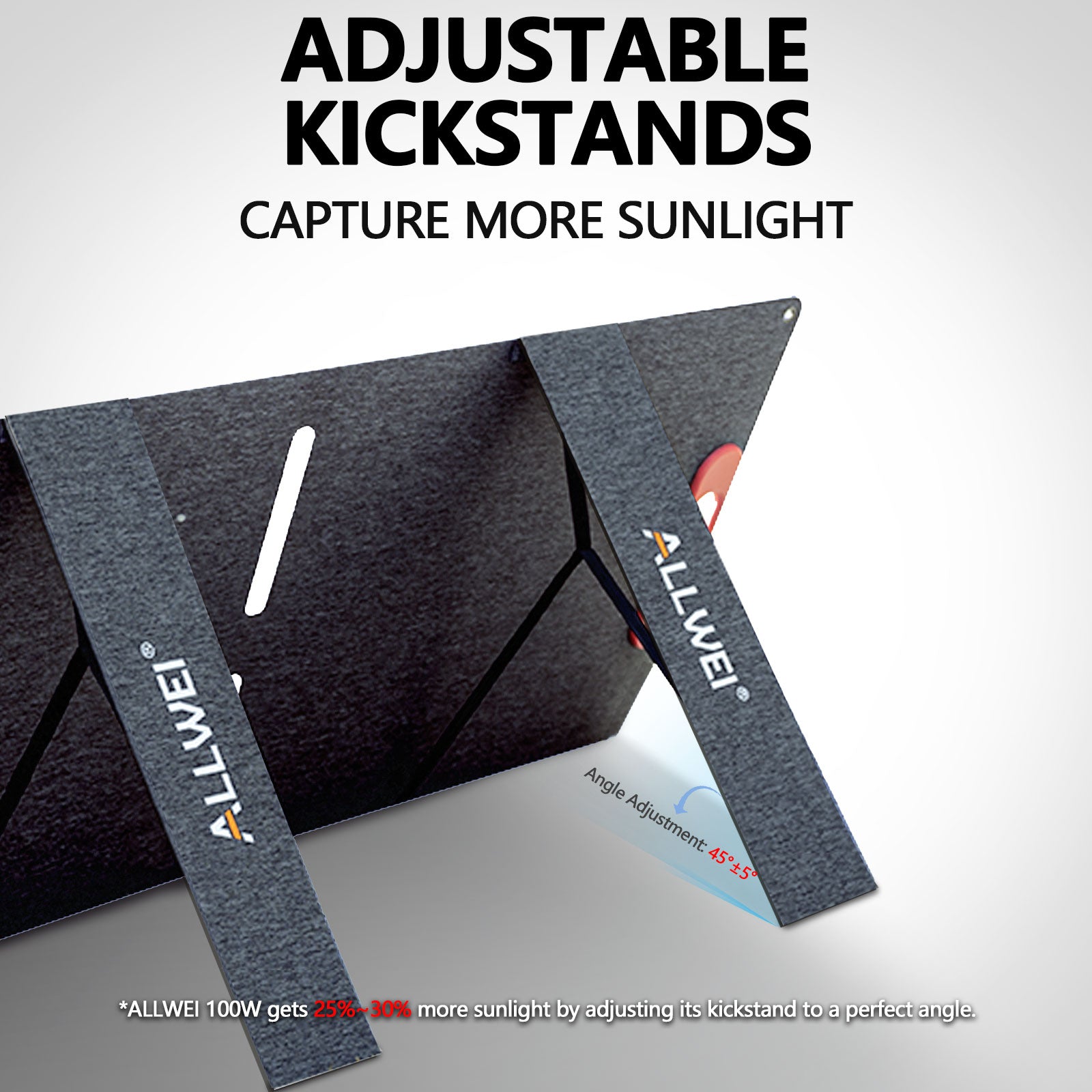 ALLWEI 100W solar panel with adjustable kickstands for optimal 45°+5 angle adjustment, capturing 25%-30% more sunlight, ideal for efficient energy collection outdoors