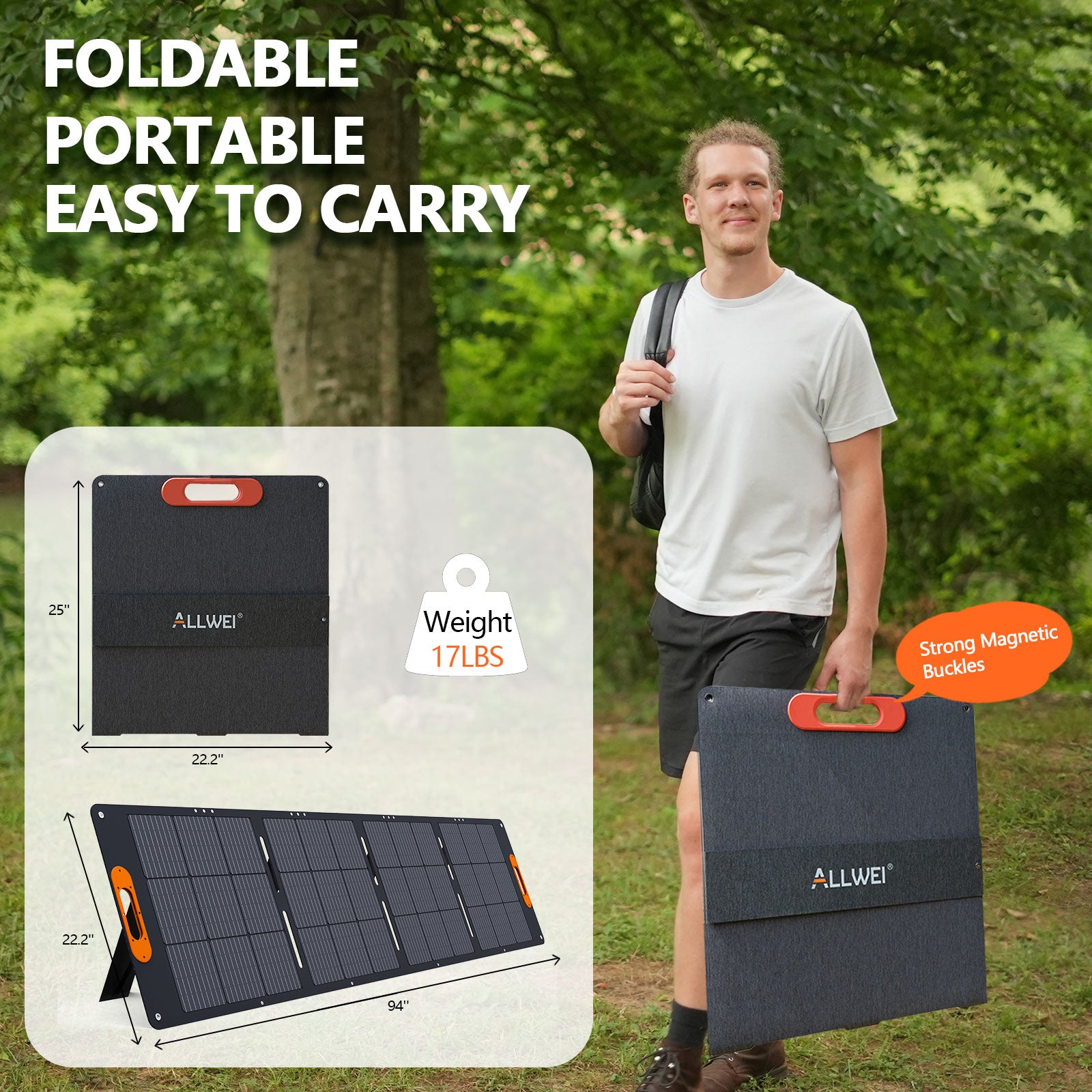 ALLWEI 200W foldable solar panel, portable and easy to carry, weighs 17 lbs with strong magnetic buckles, ideal for outdoor energy solutions