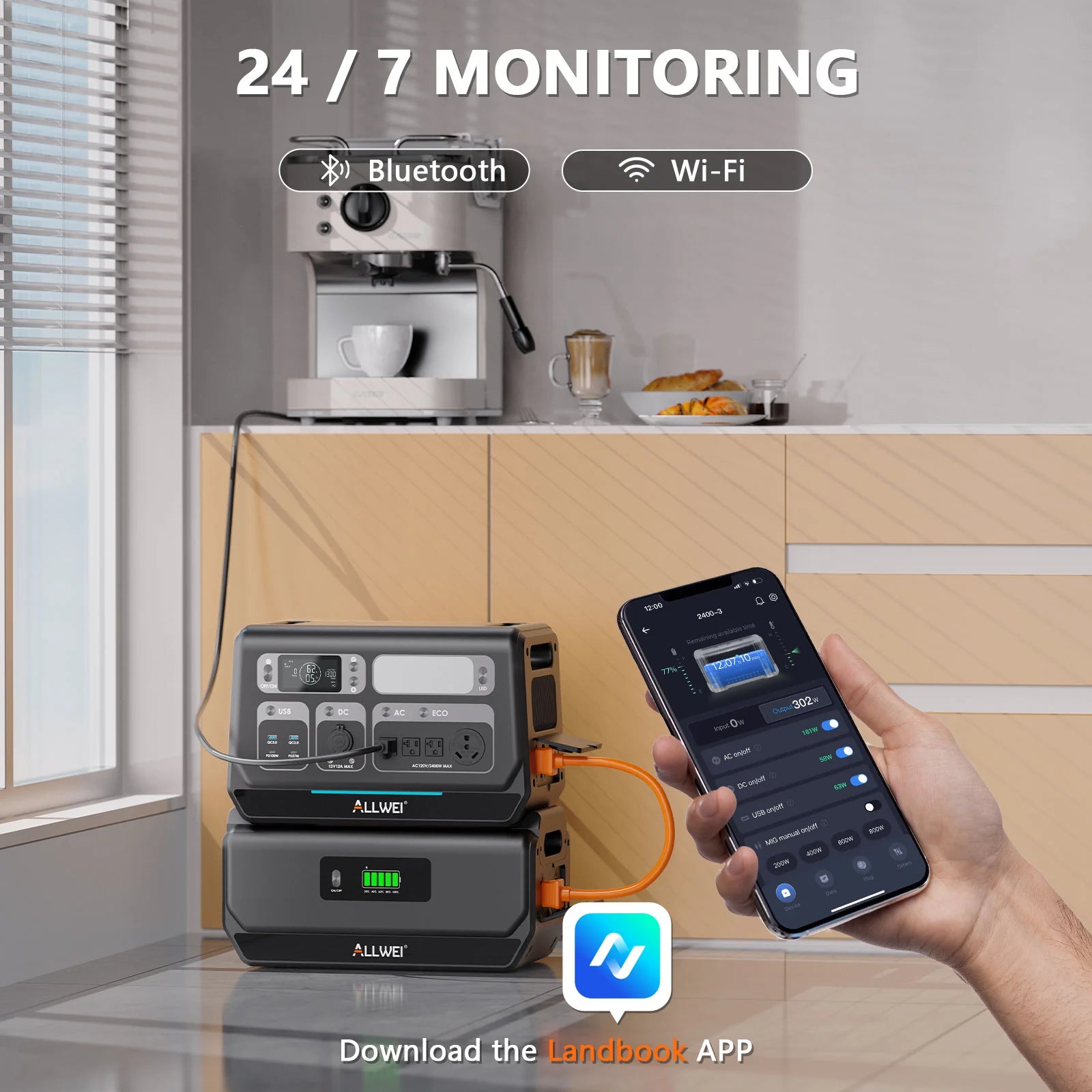 ALLWEI B200 Pro expansion battery with 24/7 monitoring via Bluetooth and Wi-Fi, compatible with the Landbook APP for real-time energy management and remote control