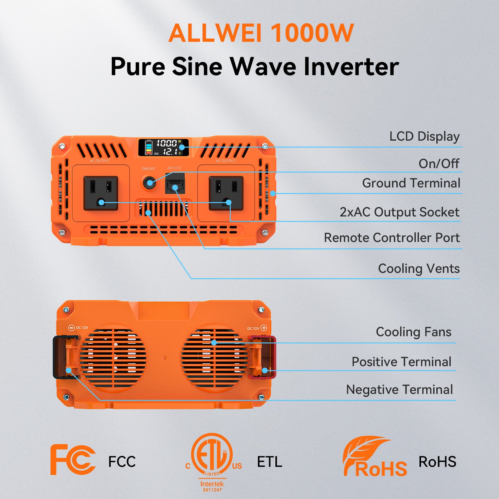 ALLWEI 1000 Watt Pure Sine Wave Inverter 12V to 120V AC