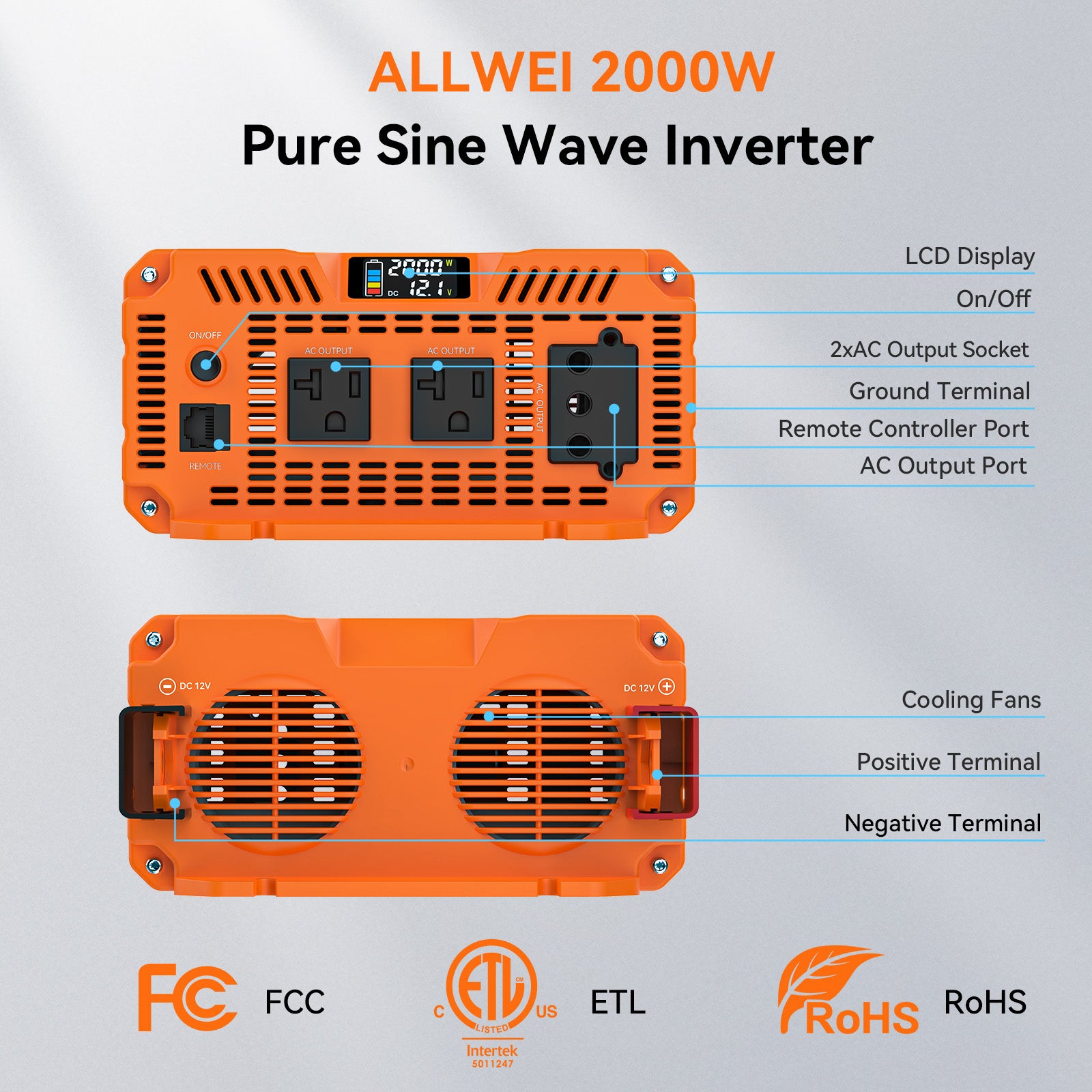 ALLWEI 2000 Watt Pure Sine Wave Inverter - 12V DC to 120V AC Power Converter