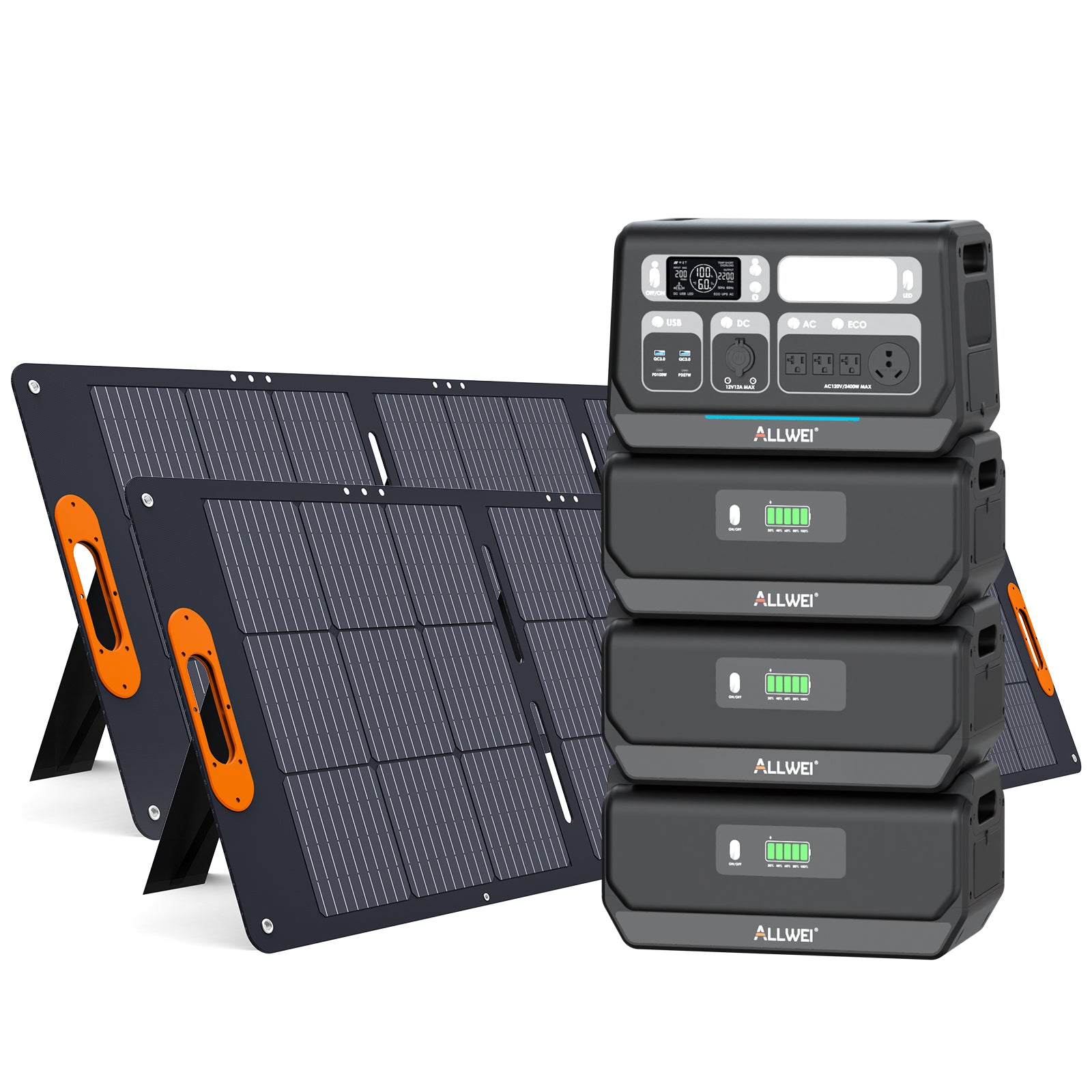 ALLWEI PPS2400 power station with triple B200 Pro expansion batteries and dual 200W XY-200 solar panels, delivering up to 8192Wh capacity with efficient solar charging for off-grid living, RV trips, and home energy backups
