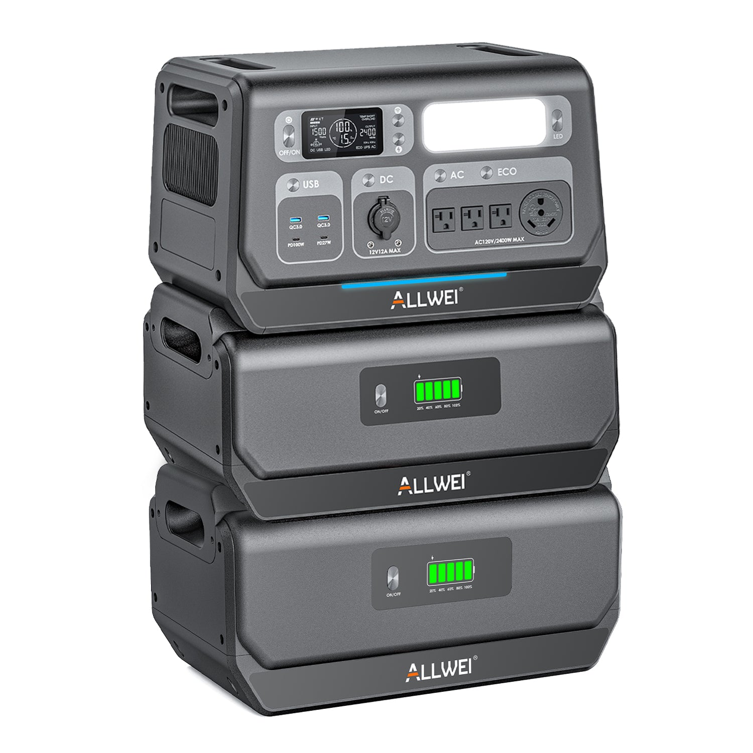 ALLWEI PPS2400 power station with dual B200 Pro expansion batteries, providing enhanced energy capacity of up to 6144Wh, ideal for home backups, RV trips, and off-grid energy solutions