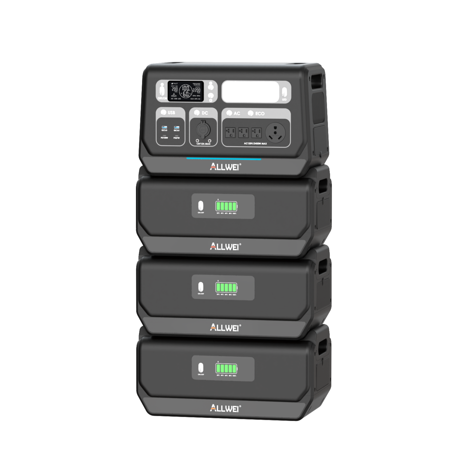 ALLWEI PPS2400 power station with triple B200 Pro expansion batteries, delivering a total energy capacity of up to 8192Wh, perfect for extended home backups, off-grid living, and large-scale energy needs