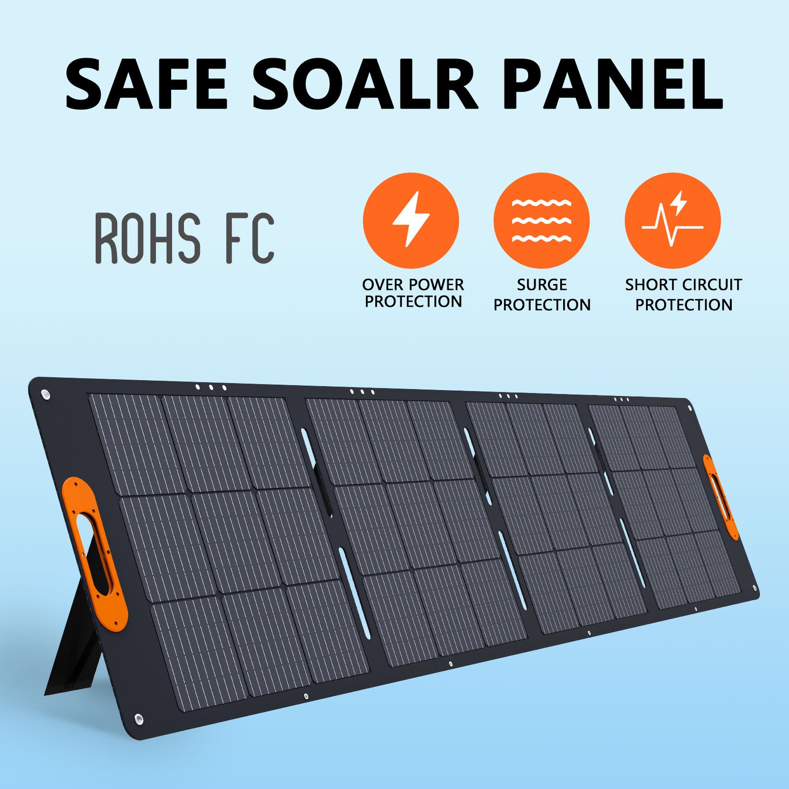 ALLWEI solar panel with ROHS and FCC certifications, equipped with over-power protection, surge protection, and short-circuit protection for safe and reliable energy usage