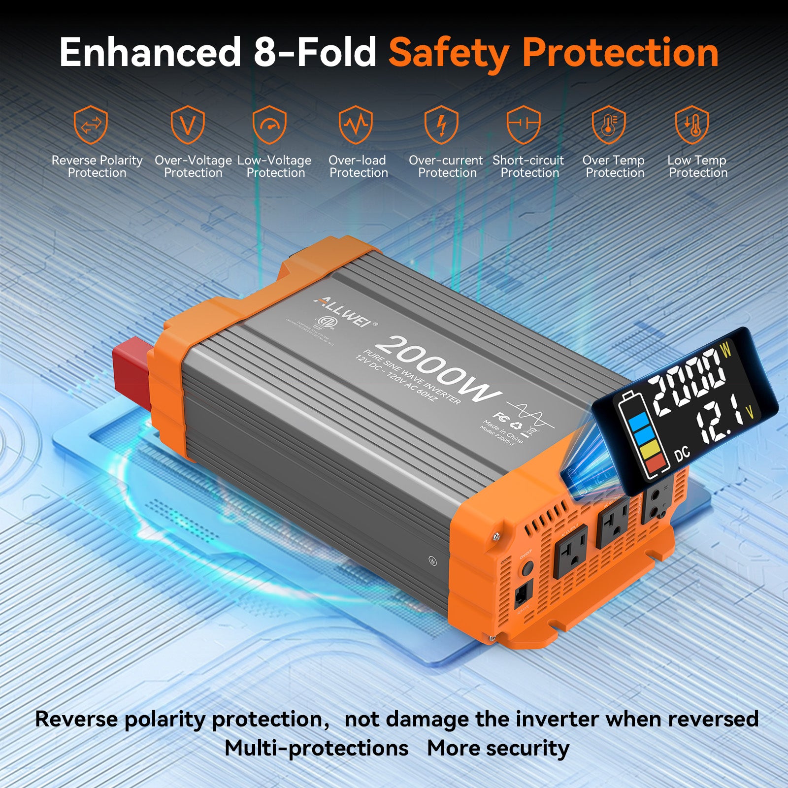 ALLWEI 2000 Watt Pure Sine Wave Inverter - 12V DC to 120V AC Power Converter