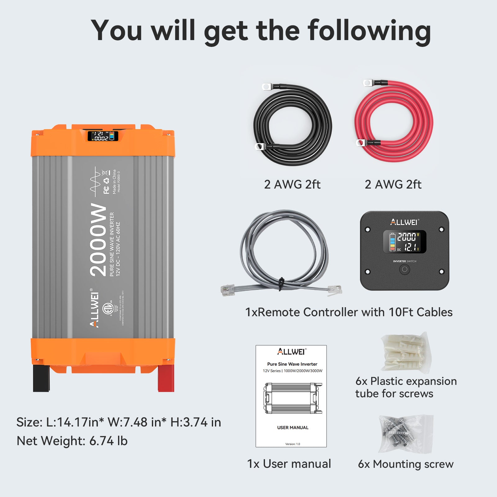 ALLWEI 2000 Watt Pure Sine Wave Inverter - 12V DC to 120V AC Power Converter