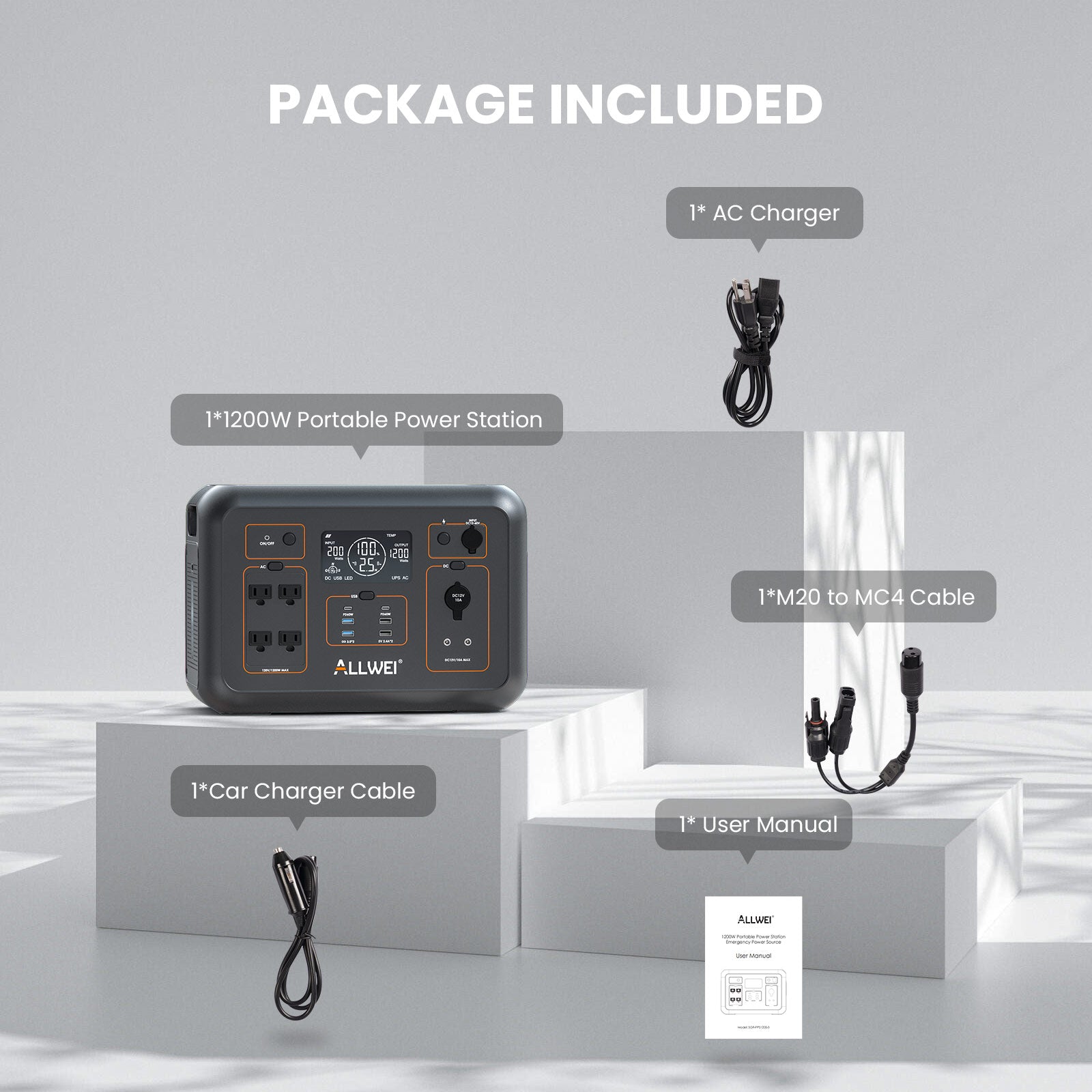 PPS1200 unboxing: includes AC charger, MC4 cable, car charging cable, and instruction manual