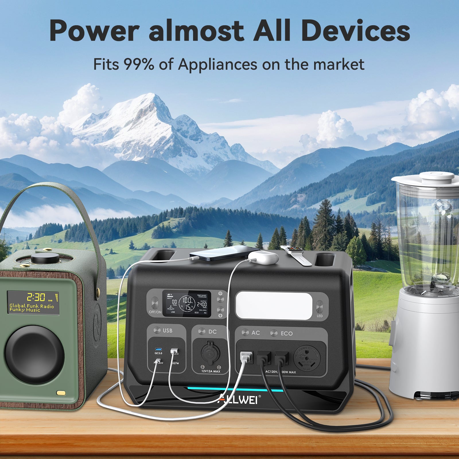 PPS2400 portable power station charging multiple devices, including laptops, phones, and power tools