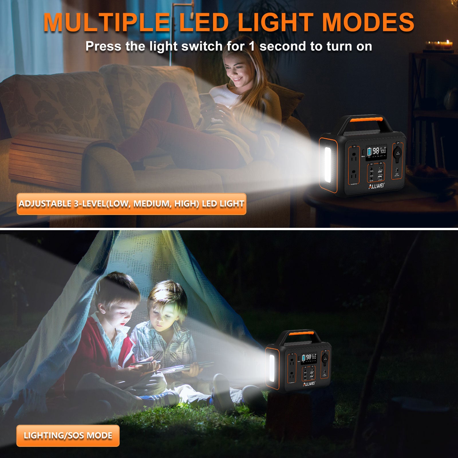 PPS300 portable power station with adjustable 3-level LED light modes: low, medium, high, and SOS