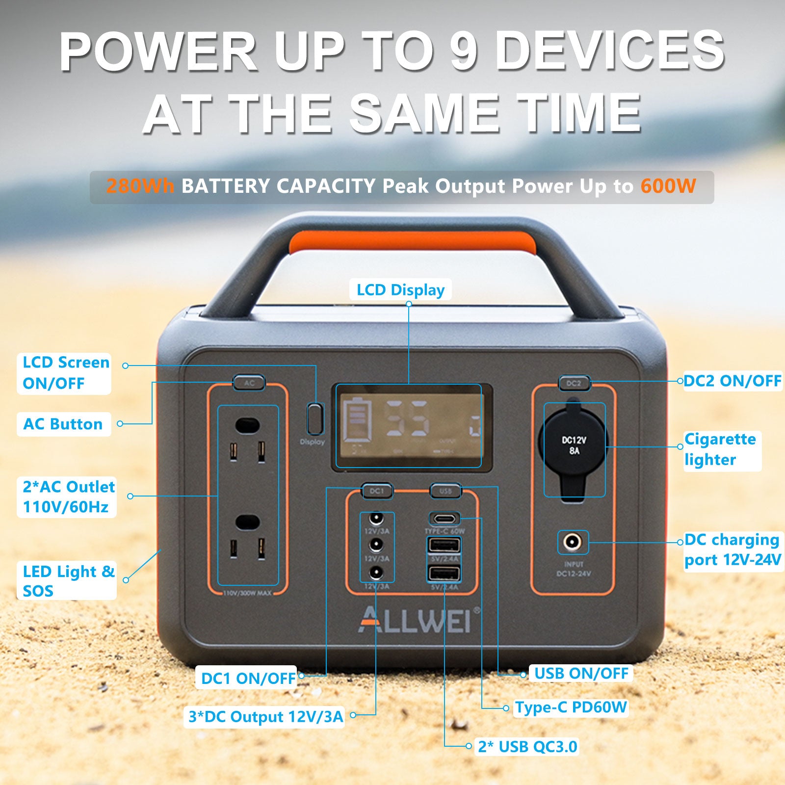 Allwei PPS300 with multiple ports: cigarette lighter, USB QC3.0, DC outputs, and LED light with SOS mode