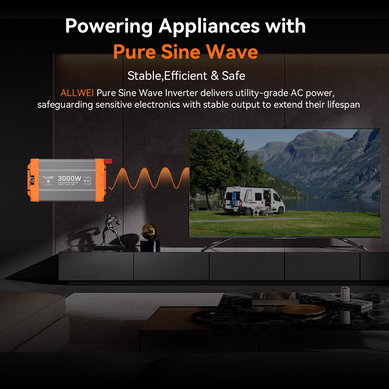 ALLWEI 3000 Watt Pure Sine Wave Inverter - 12V DC to 120V AC Converter