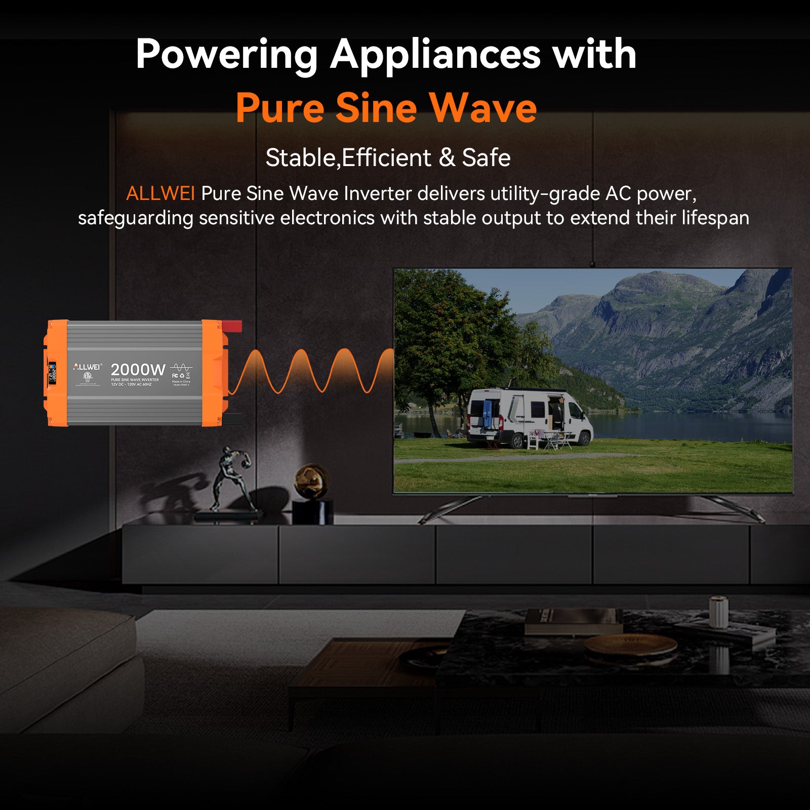 ALLWEI 2000 Watt Pure Sine Wave Inverter - 12V DC to 120V AC Power Converter