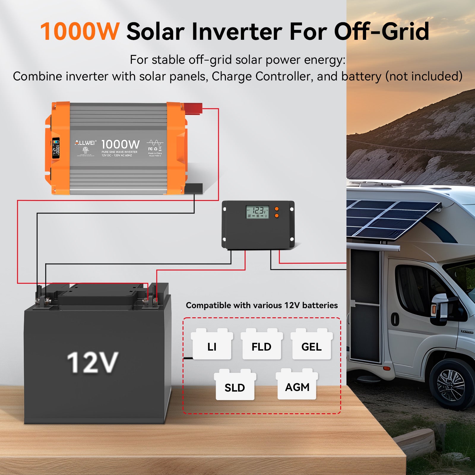 ALLWEI 1000 Watt Pure Sine Wave Inverter 12V to 120V AC