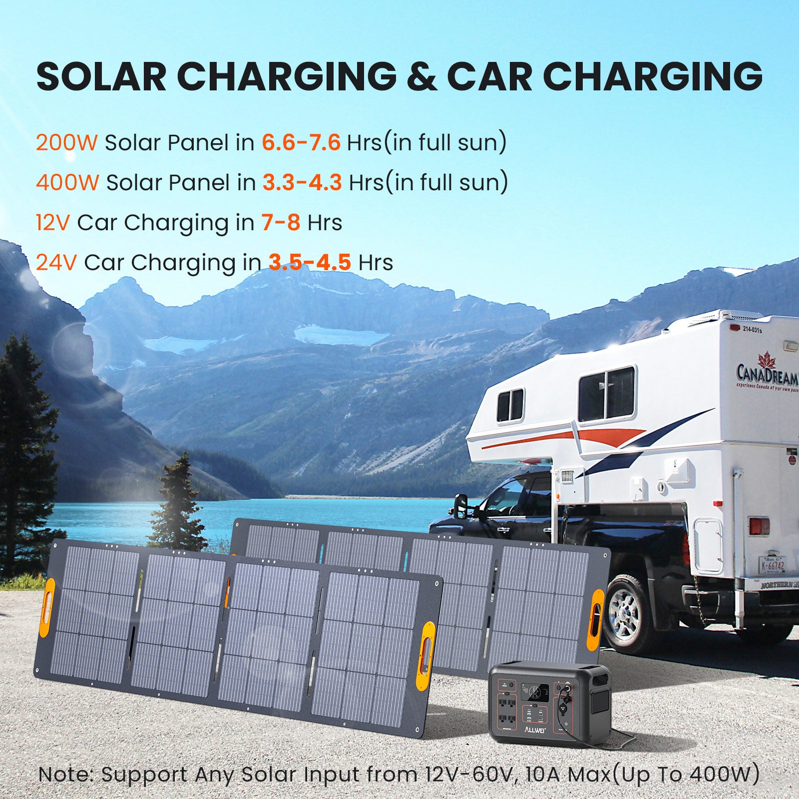 Charging durations for 200W solar panel, 400W solar panel, 12V car battery, and 24V car battery