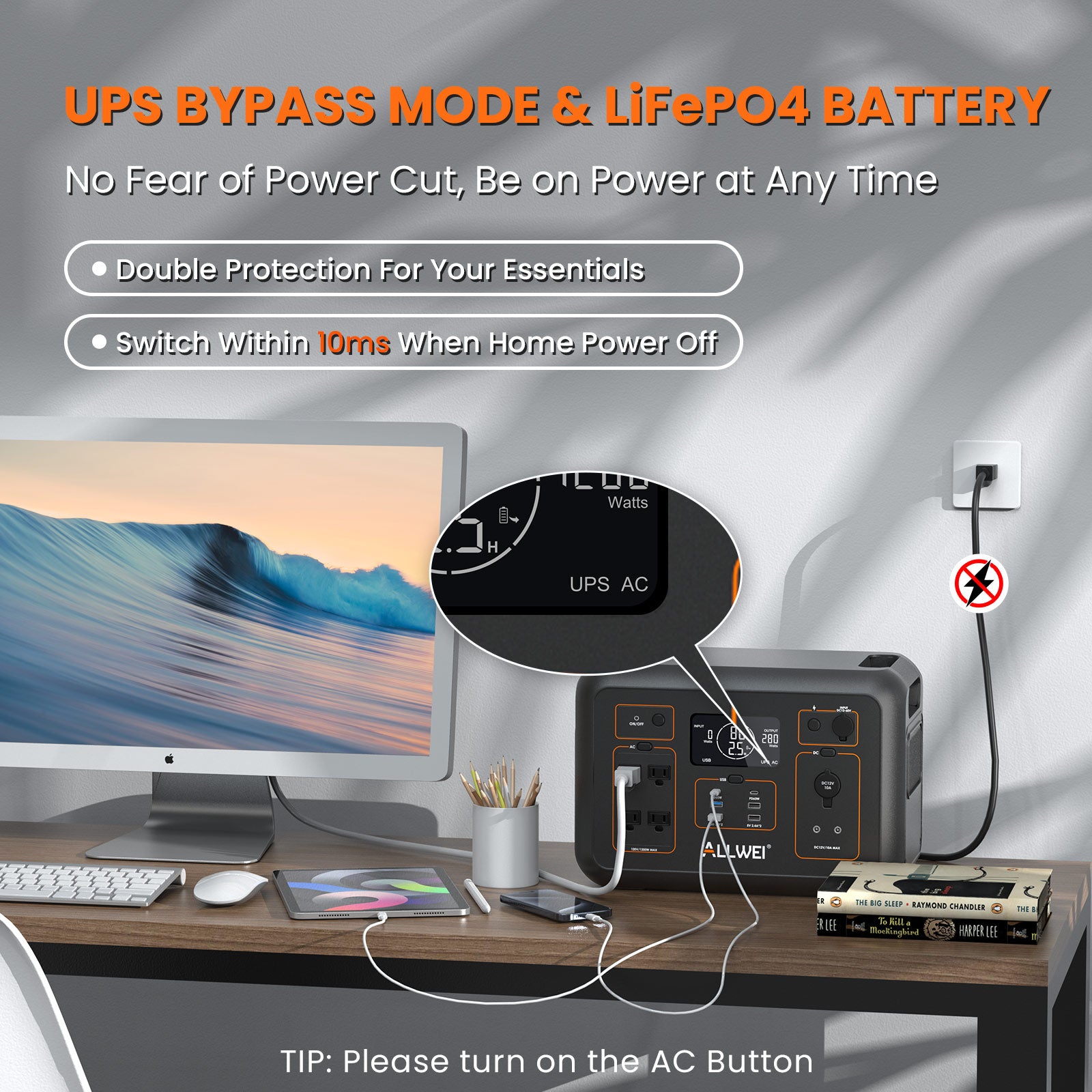 UPS bypass mode and LiFePO4 battery for uninterrupted power during power cuts