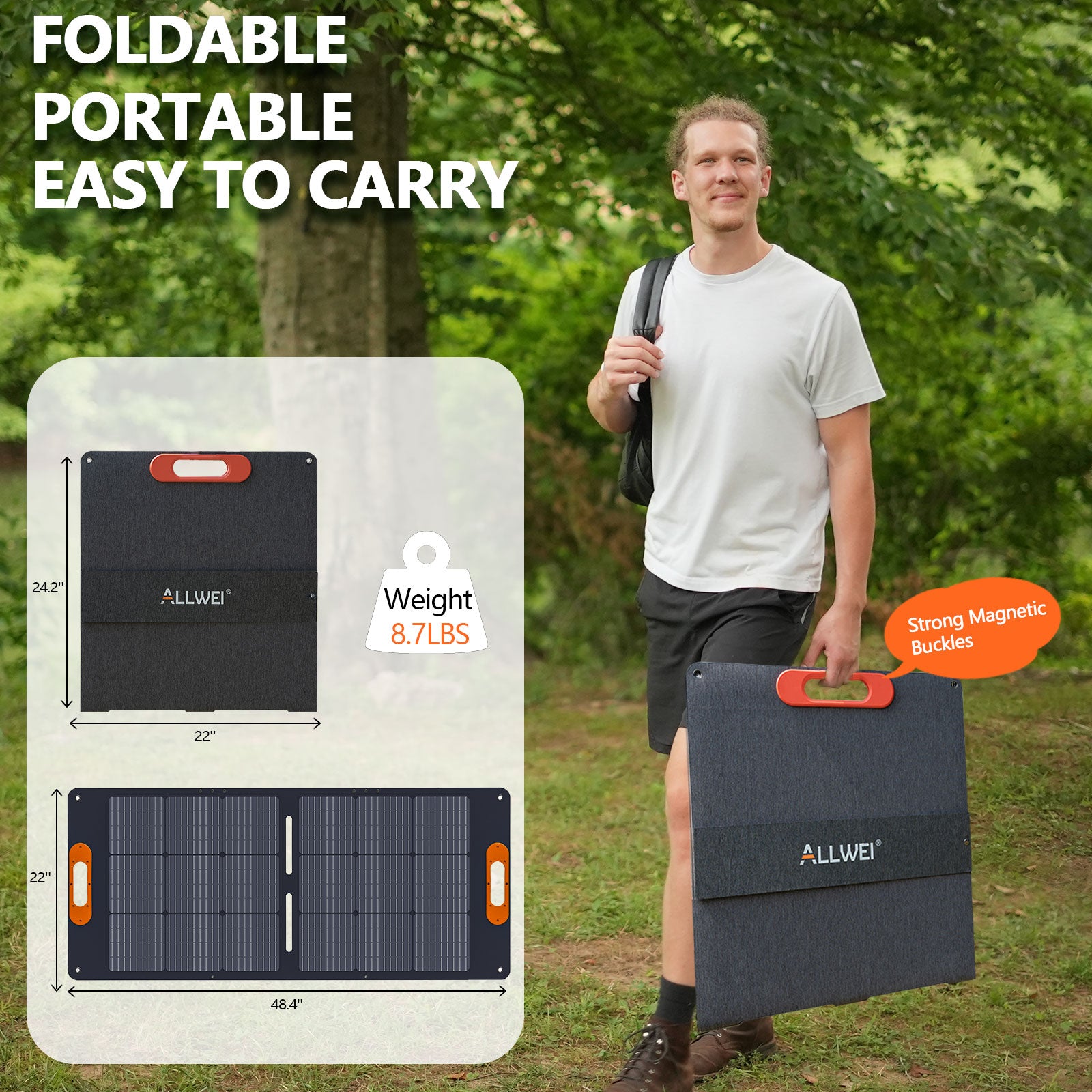 Foldable and portable XY-100 solar panel with magnetic buckles and lightweight 8.7 lbs design