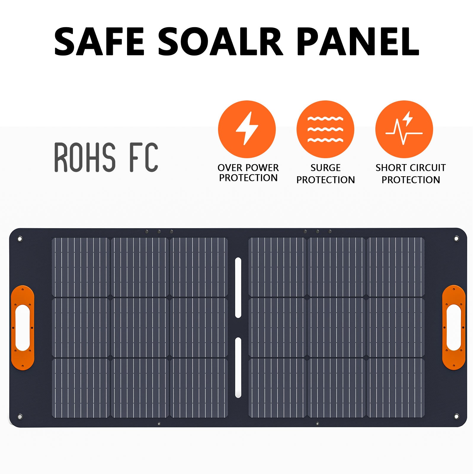 XY-100 safe solar panel with RoHS and FC certifications, featuring surge and short-circuit protection