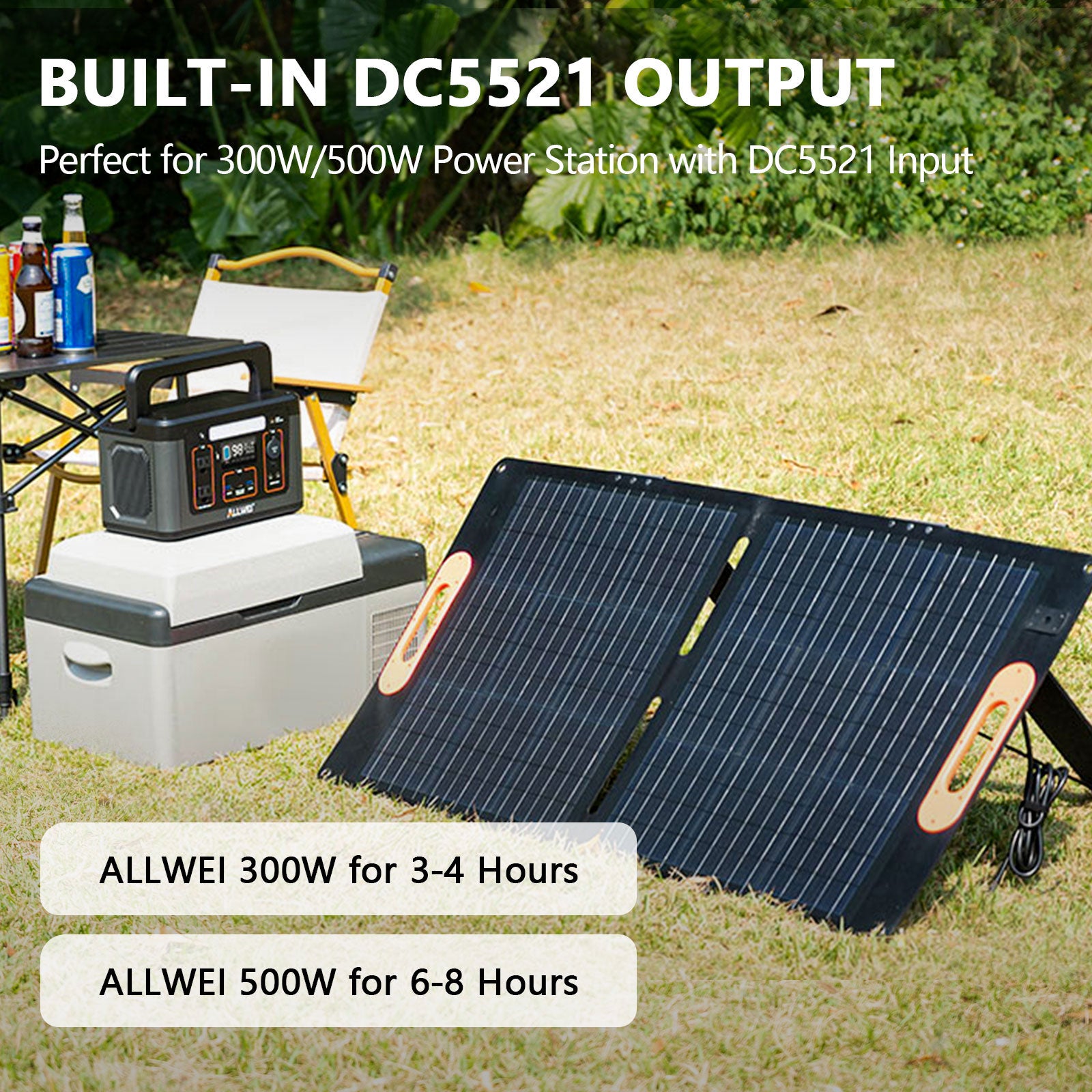 Charge ALLWEI 300W power station in 3-4 hours and 500W in 6-8 hours with XY-100 solar panel